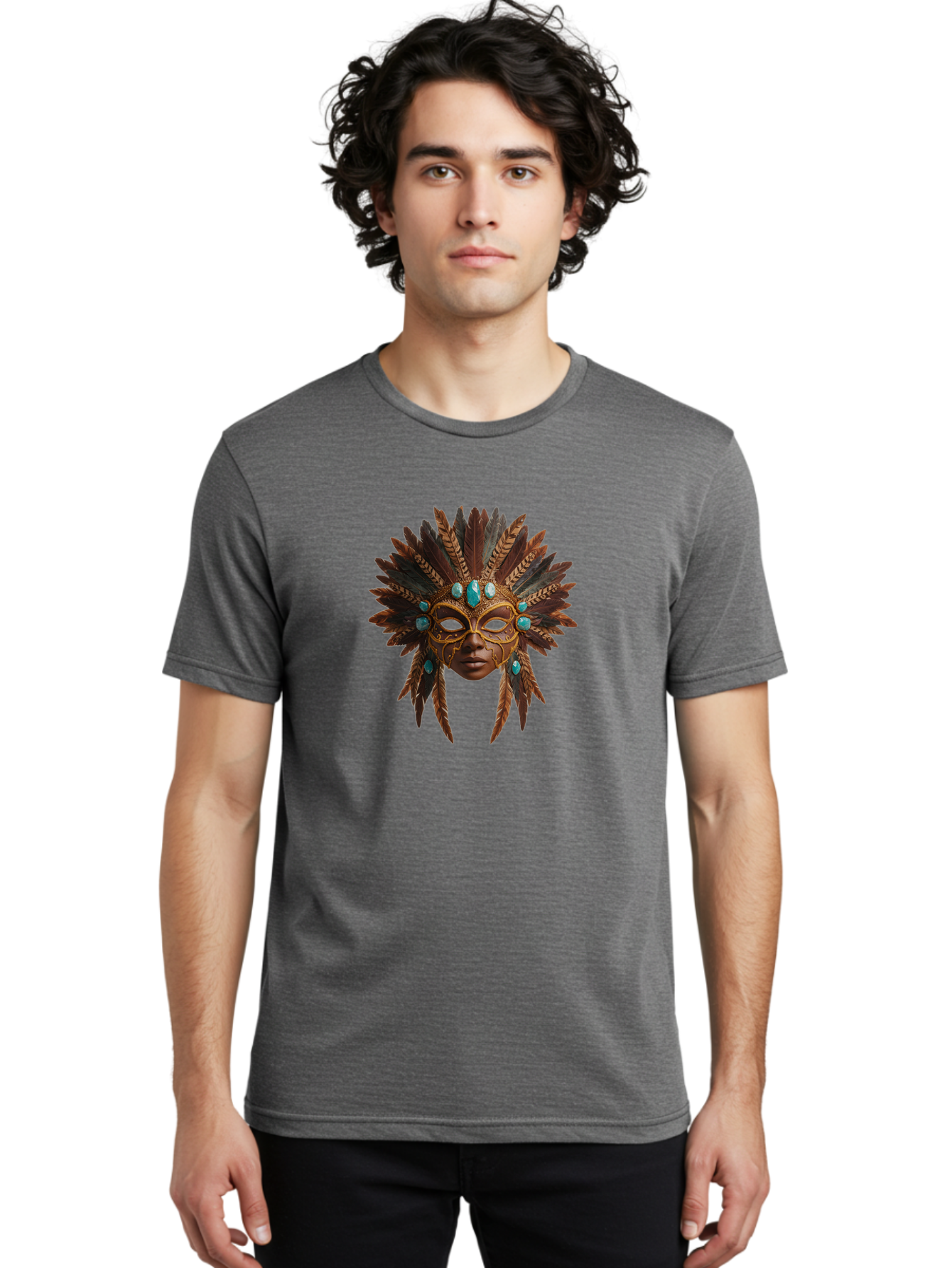 Venetian-Mask-1 Men'S Graphic Tee, 100% Cotton, Comfortable Casual Summer Wear, Machine Washable, Golden Mask, Feathered Headdress, Blue Jewels, Mysterious, Elegant, Luxury, Masquerade, Decorative, Ornate, Intricate Bad888