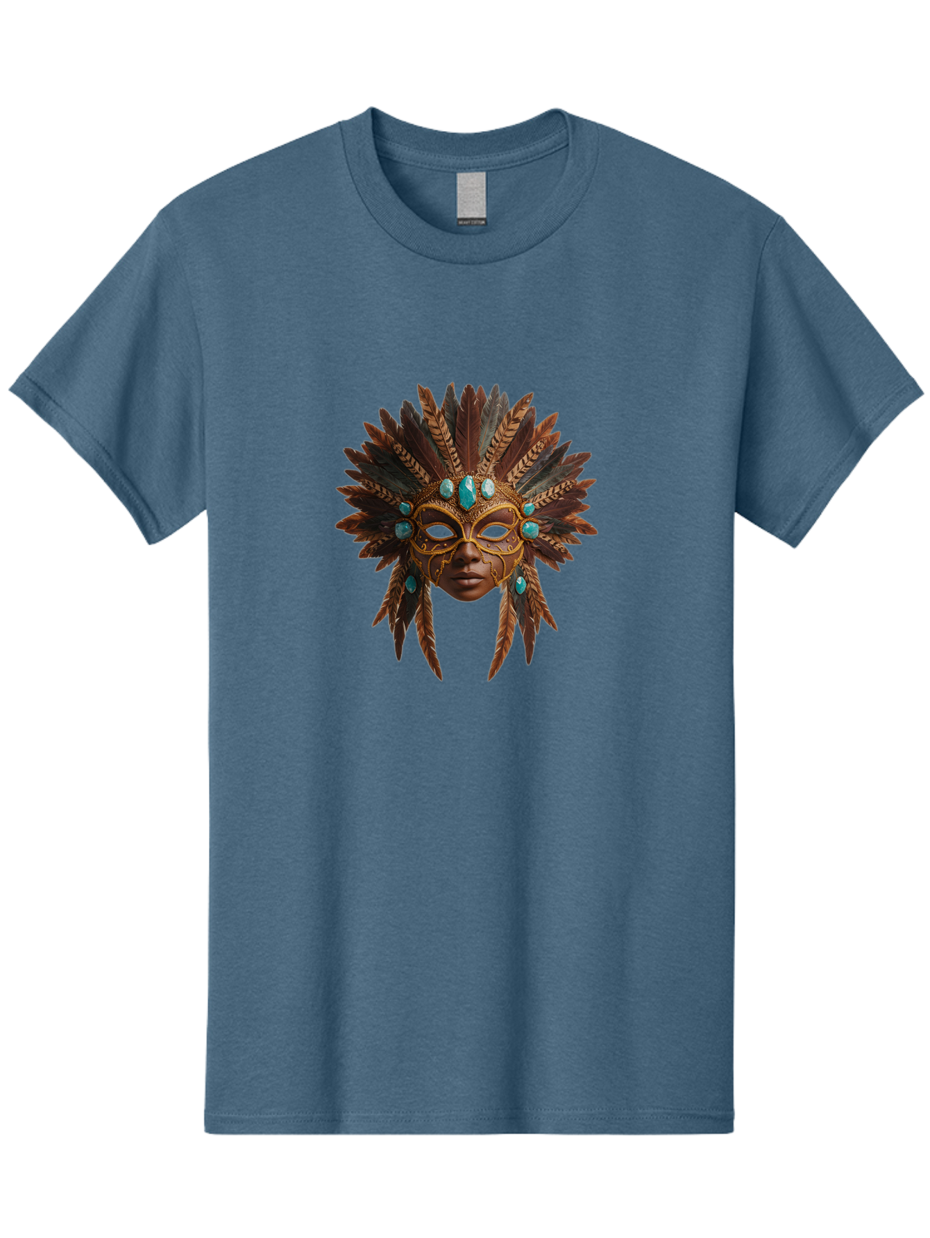 Venetian-Mask-1 Men'S Graphic Tee, 100% Cotton, Comfortable Casual Summer Wear, Machine Washable, Golden Mask, Feathered Headdress, Blue Jewels, Mysterious, Elegant, Luxury, Masquerade, Decorative, Ornate, Intricate Bad888