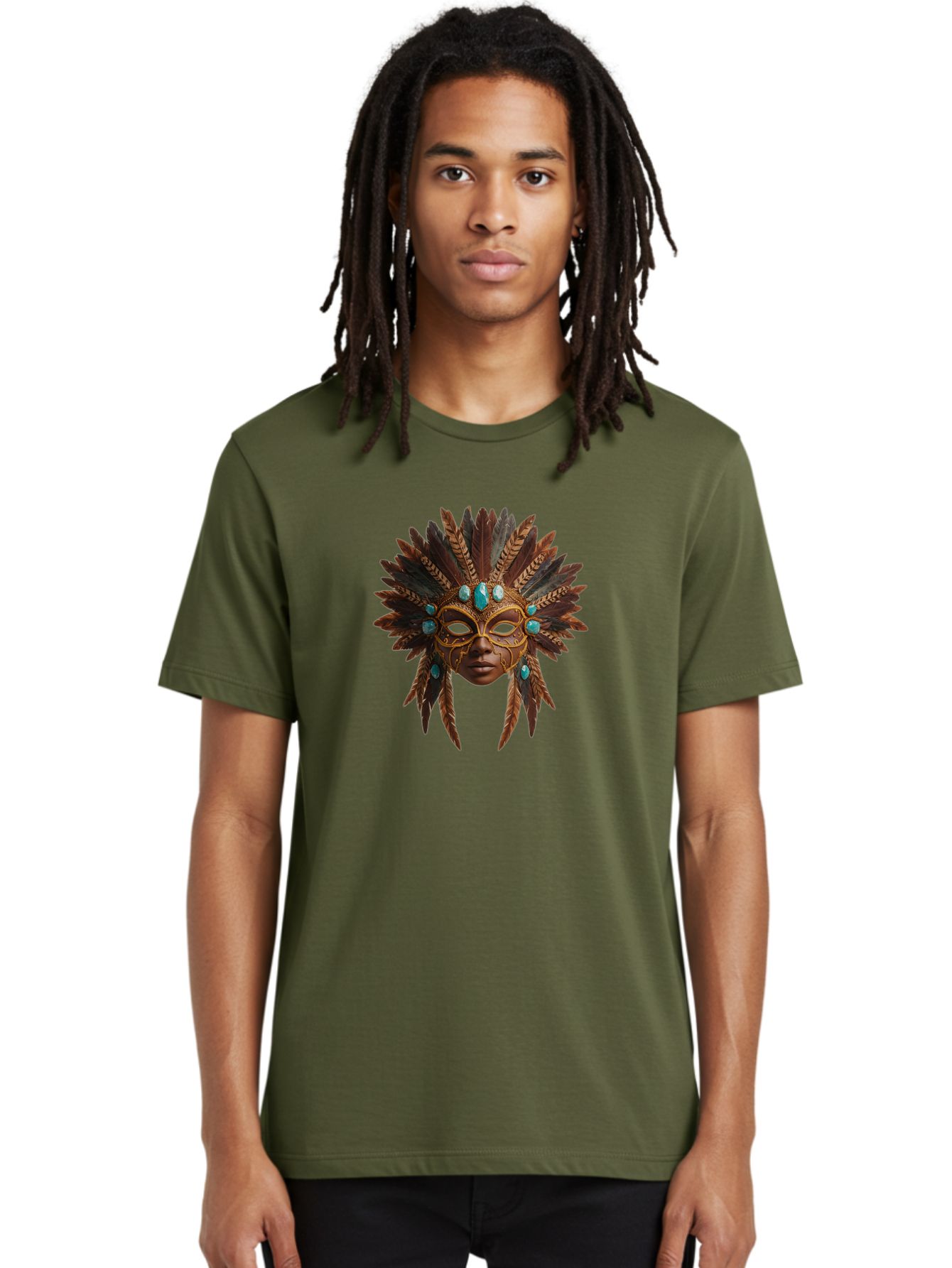 Venetian-Mask-1 Men'S Graphic Tee, 100% Cotton, Comfortable Casual Summer Wear, Machine Washable, Golden Mask, Feathered Headdress, Blue Jewels, Mysterious, Elegant, Luxury, Masquerade, Decorative, Ornate, Intricate Bad888