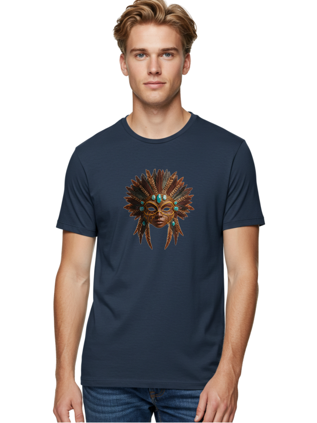 Venetian-Mask-1 Men'S Graphic Tee, 100% Cotton, Comfortable Casual Summer Wear, Machine Washable, Golden Mask, Feathered Headdress, Blue Jewels, Mysterious, Elegant, Luxury, Masquerade, Decorative, Ornate, Intricate Bad888