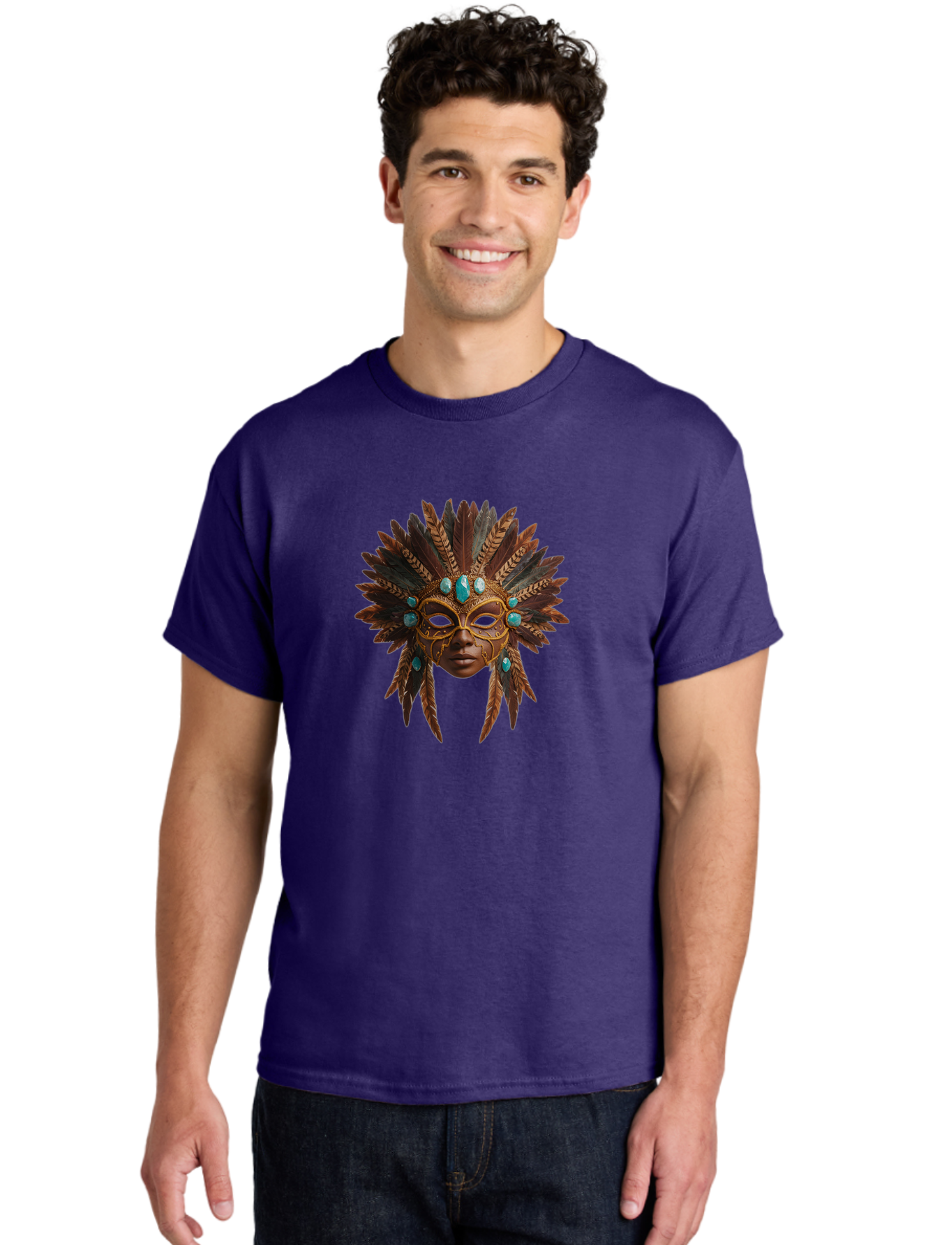 Venetian-Mask-1 Men'S Graphic Tee, 100% Cotton, Comfortable Casual Summer Wear, Machine Washable, Golden Mask, Feathered Headdress, Blue Jewels, Mysterious, Elegant, Luxury, Masquerade, Decorative, Ornate, Intricate Bad888