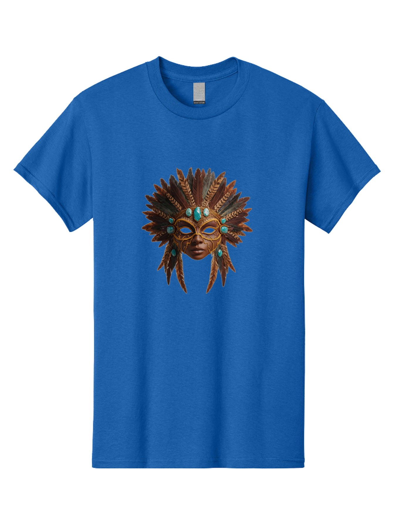 Venetian-Mask-1 Men'S Graphic Tee, 100% Cotton, Comfortable Casual Summer Wear, Machine Washable, Golden Mask, Feathered Headdress, Blue Jewels, Mysterious, Elegant, Luxury, Masquerade, Decorative, Ornate, Intricate Bad888