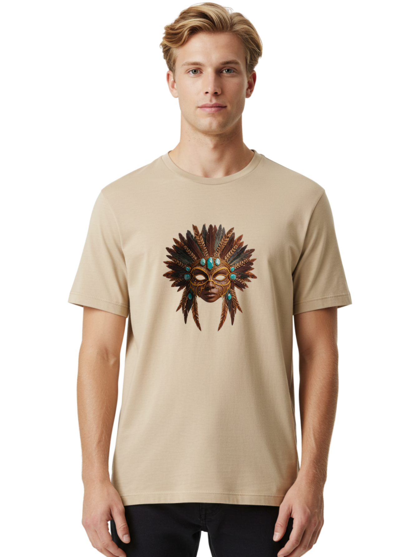 Venetian-Mask-1 Men'S Graphic Tee, 100% Cotton, Comfortable Casual Summer Wear, Machine Washable, Golden Mask, Feathered Headdress, Blue Jewels, Mysterious, Elegant, Luxury, Masquerade, Decorative, Ornate, Intricate Bad888