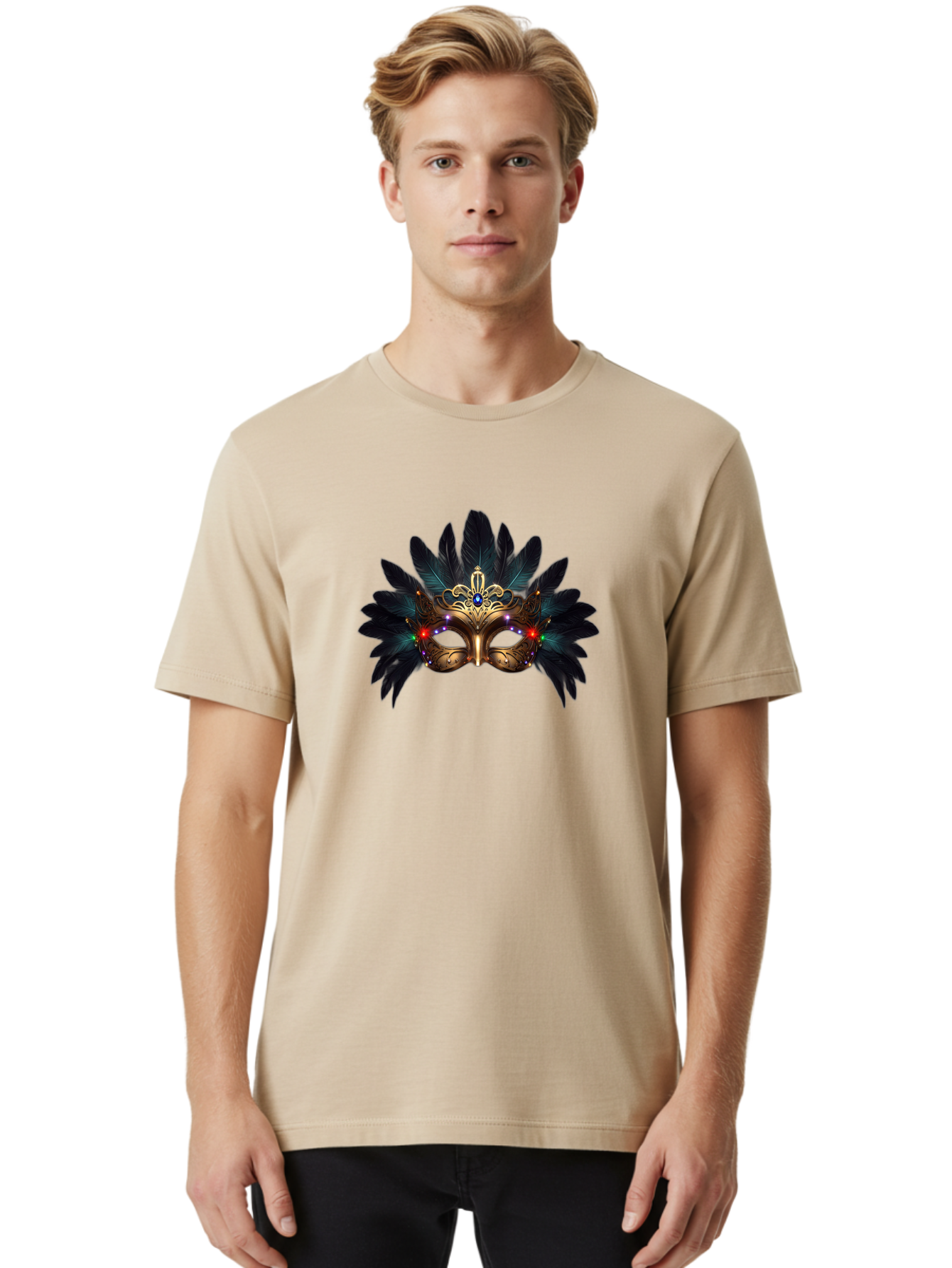 Venetian-Mask-2 Men'S Graphic Tee, 100% Cotton, Comfortable Casual Summer Wear, Machine Washable, Golden Mask, Venetian Mask, Carnival Attire, Masquerade Ball, Decorative Feathers, Gemstone Embellishments, Festive Accessories, Bad889