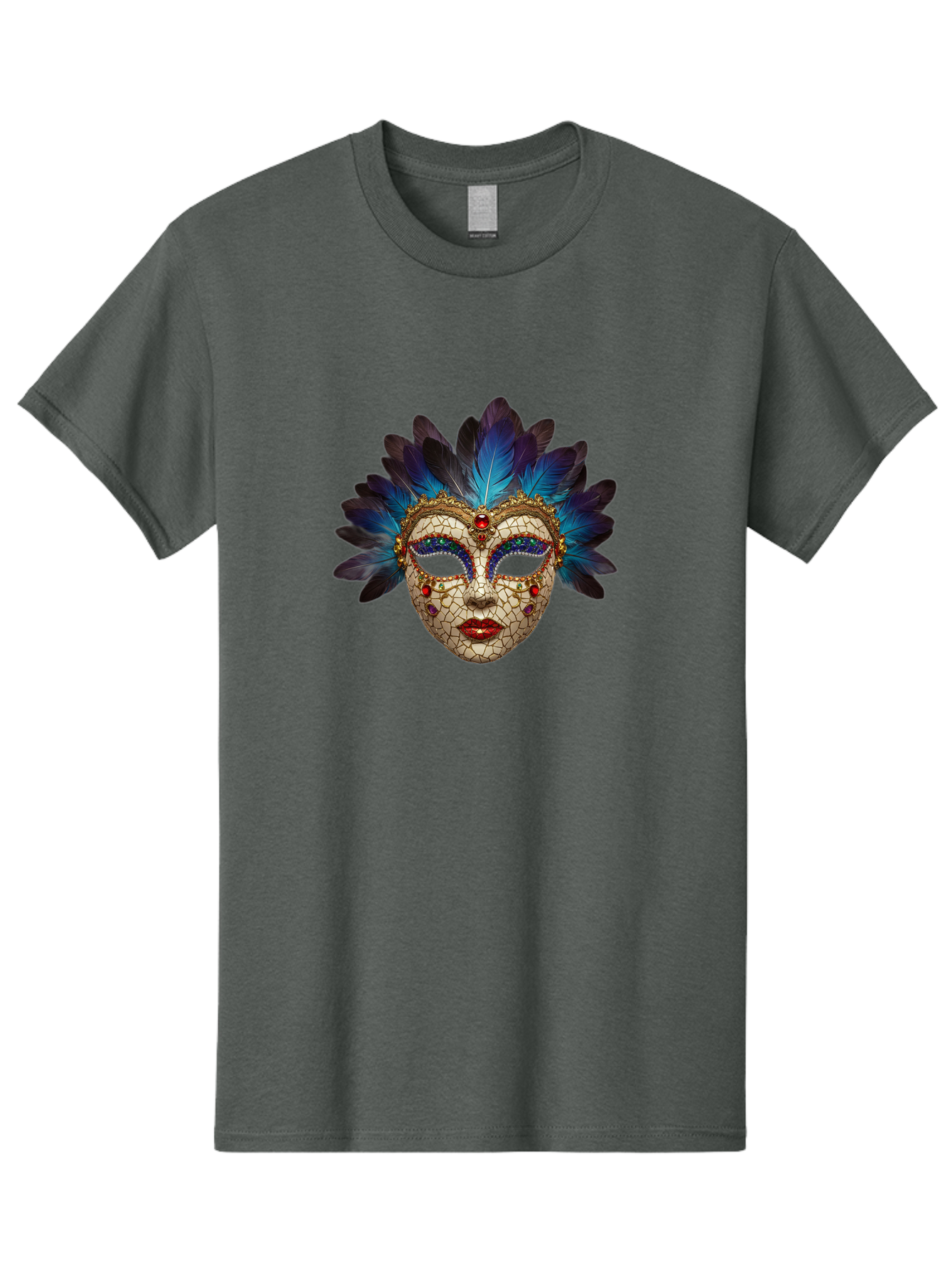 Venetian-Mask-3 Men'S Graphic Tee, 100% Cotton, Comfortable Casual Summer Wear, Machine Washable, Masquerade Ball, Venetian Mask, Luxury Fashion, Gold Accents, Red Lips, Rhinestones, Blue Feathers, Dramatic Design, Mysterious Allure, Bad890
