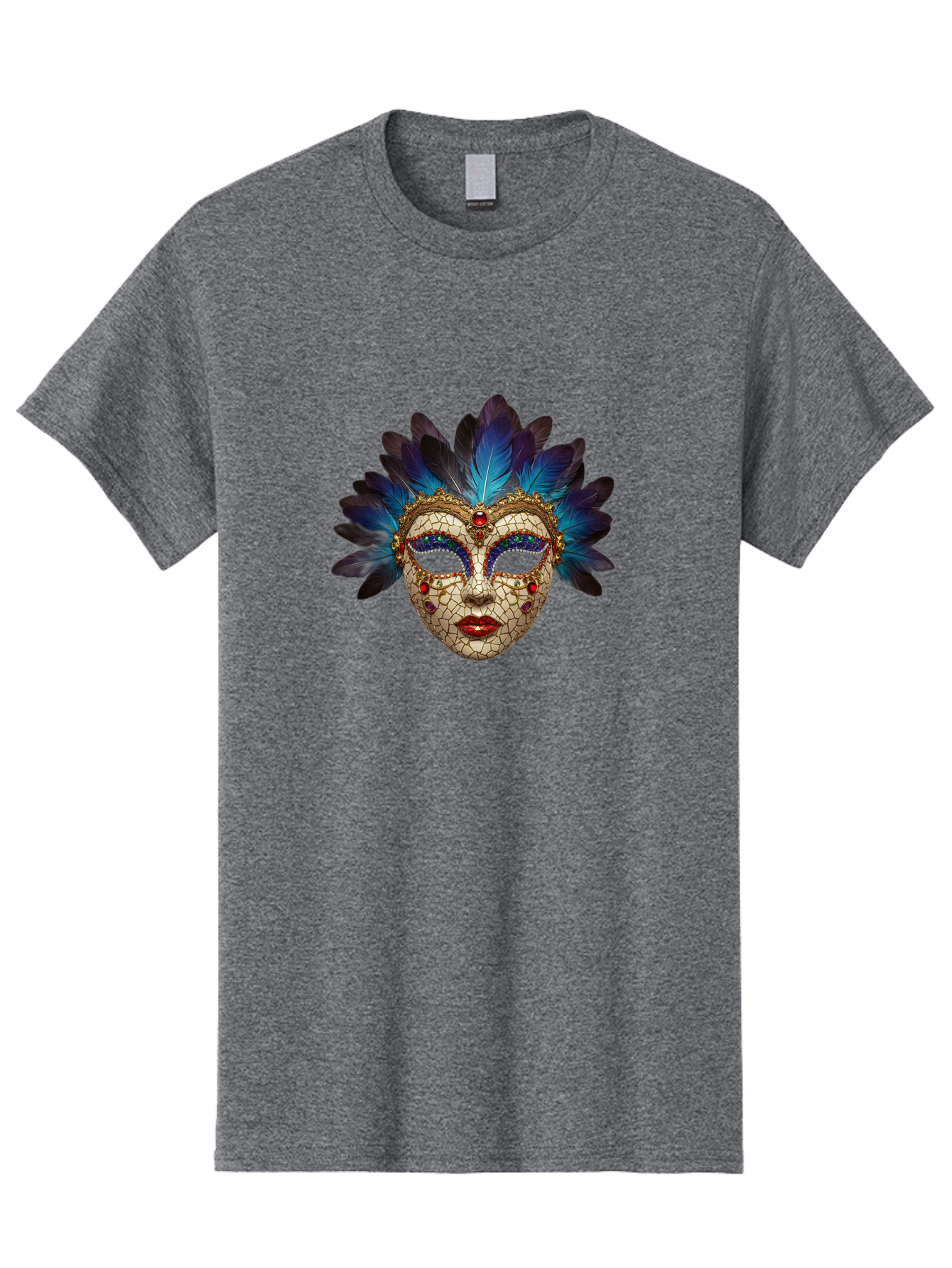 Venetian-Mask-3 Men'S Graphic Tee, 100% Cotton, Comfortable Casual Summer Wear, Machine Washable, Masquerade Ball, Venetian Mask, Luxury Fashion, Gold Accents, Red Lips, Rhinestones, Blue Feathers, Dramatic Design, Mysterious Allure, Bad890