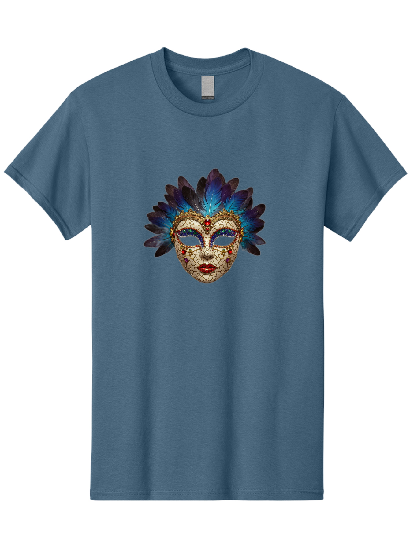 Venetian-Mask-3 Men'S Graphic Tee, 100% Cotton, Comfortable Casual Summer Wear, Machine Washable, Masquerade Ball, Venetian Mask, Luxury Fashion, Gold Accents, Red Lips, Rhinestones, Blue Feathers, Dramatic Design, Mysterious Allure, Bad890