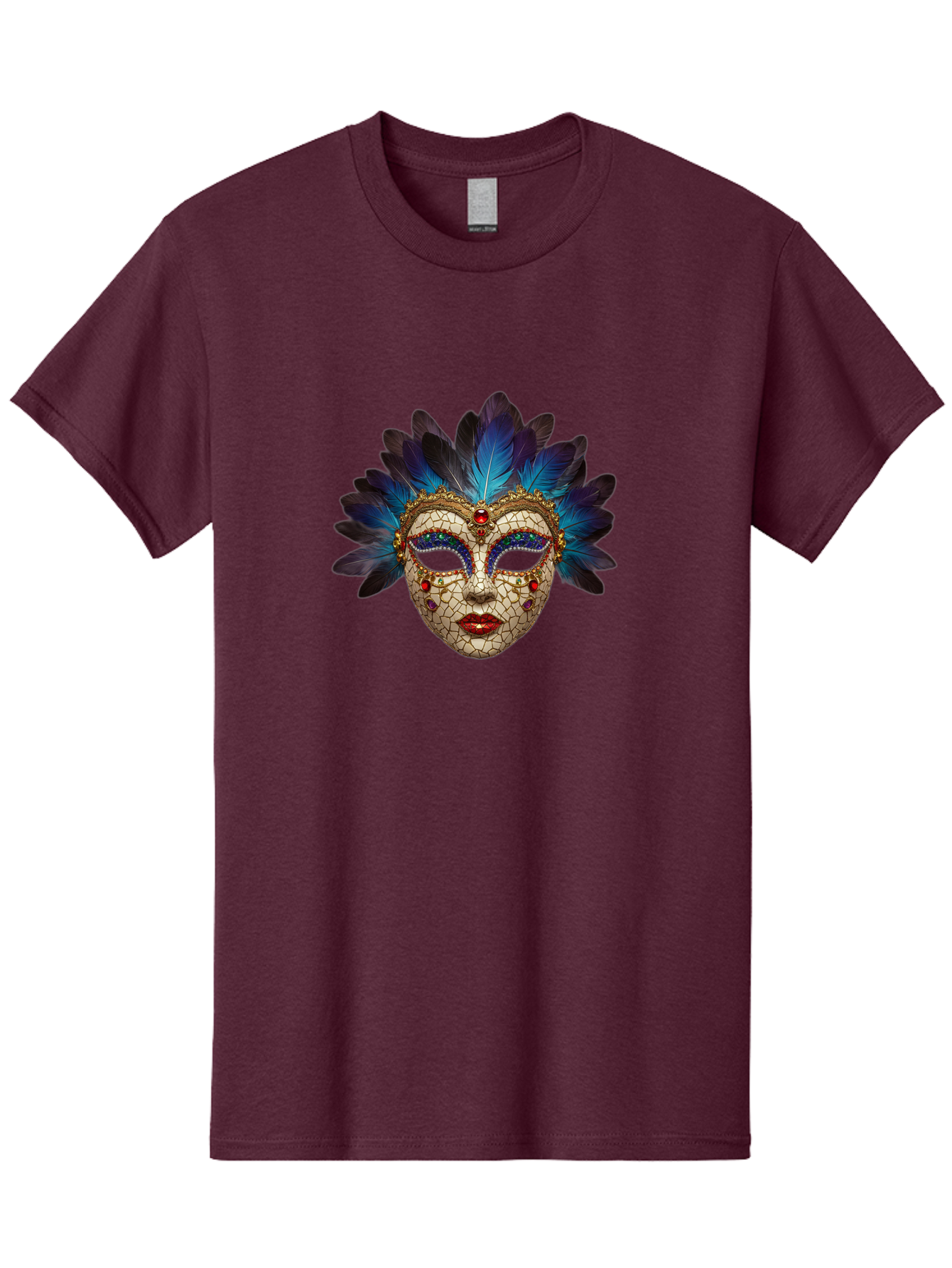 Venetian-Mask-3 Men'S Graphic Tee, 100% Cotton, Comfortable Casual Summer Wear, Machine Washable, Masquerade Ball, Venetian Mask, Luxury Fashion, Gold Accents, Red Lips, Rhinestones, Blue Feathers, Dramatic Design, Mysterious Allure, Bad890
