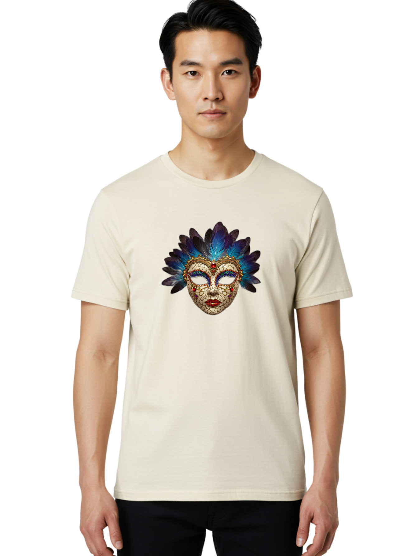 Venetian-Mask-3 Men'S Graphic Tee, 100% Cotton, Comfortable Casual Summer Wear, Machine Washable, Masquerade Ball, Venetian Mask, Luxury Fashion, Gold Accents, Red Lips, Rhinestones, Blue Feathers, Dramatic Design, Mysterious Allure, Bad890