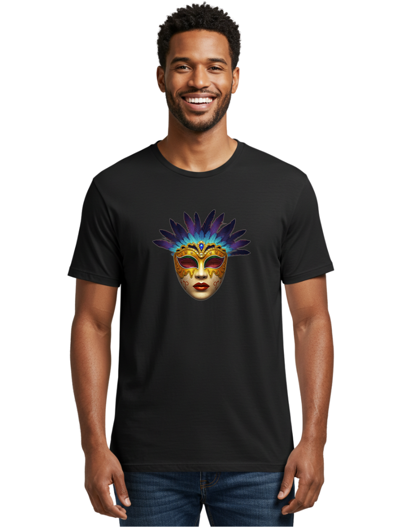 Venetian-Mask-4 Men'S Graphic Tee, 100% Cotton, Comfortable Casual Summer Wear, Machine Washable, Golden Venetian Mask, Mask With Feathers, Purple And Blue Feathers, Golden Decoration, Red Lips, Carnival Mask, Masquerade Ball, Mysterious Mask Bad891