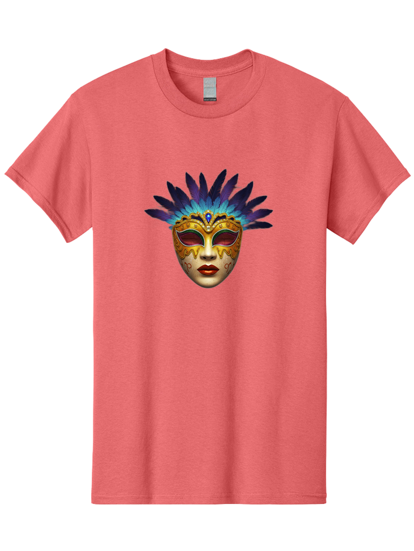 Venetian-Mask-4 Men'S Graphic Tee, 100% Cotton, Comfortable Casual Summer Wear, Machine Washable, Golden Venetian Mask, Mask With Feathers, Purple And Blue Feathers, Golden Decoration, Red Lips, Carnival Mask, Masquerade Ball, Mysterious Mask Bad891