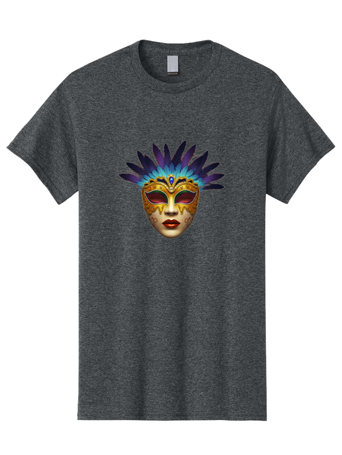 Venetian-Mask-4 Men'S Graphic Tee, 100% Cotton, Comfortable Casual Summer Wear, Machine Washable, Golden Venetian Mask, Mask With Feathers, Purple And Blue Feathers, Golden Decoration, Red Lips, Carnival Mask, Masquerade Ball, Mysterious Mask Bad891