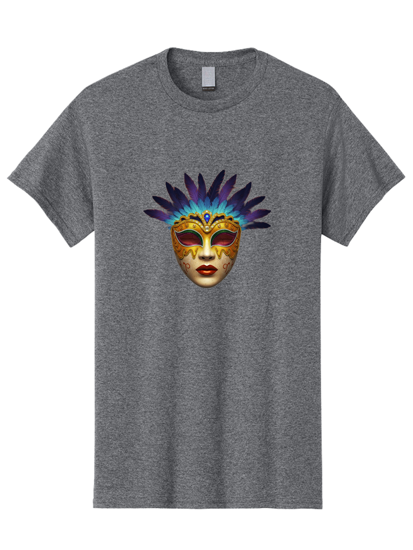 Venetian-Mask-4 Men'S Graphic Tee, 100% Cotton, Comfortable Casual Summer Wear, Machine Washable, Golden Venetian Mask, Mask With Feathers, Purple And Blue Feathers, Golden Decoration, Red Lips, Carnival Mask, Masquerade Ball, Mysterious Mask Bad891