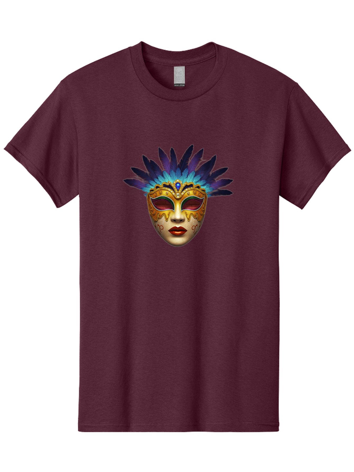 Venetian-Mask-4 Men'S Graphic Tee, 100% Cotton, Comfortable Casual Summer Wear, Machine Washable, Golden Venetian Mask, Mask With Feathers, Purple And Blue Feathers, Golden Decoration, Red Lips, Carnival Mask, Masquerade Ball, Mysterious Mask Bad891