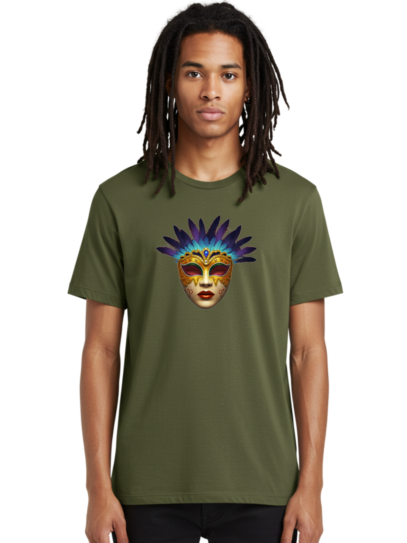 Venetian-Mask-4 Men'S Graphic Tee, 100% Cotton, Comfortable Casual Summer Wear, Machine Washable, Golden Venetian Mask, Mask With Feathers, Purple And Blue Feathers, Golden Decoration, Red Lips, Carnival Mask, Masquerade Ball, Mysterious Mask Bad891