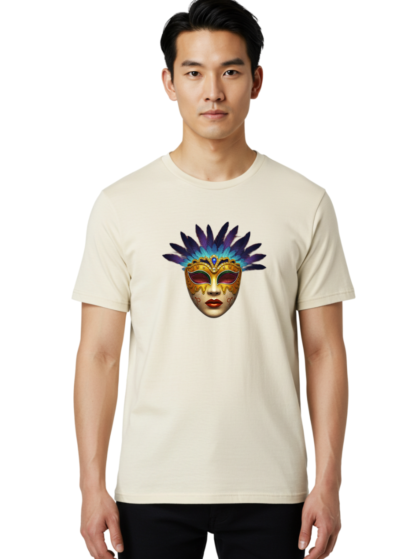 Venetian-Mask-4 Men'S Graphic Tee, 100% Cotton, Comfortable Casual Summer Wear, Machine Washable, Golden Venetian Mask, Mask With Feathers, Purple And Blue Feathers, Golden Decoration, Red Lips, Carnival Mask, Masquerade Ball, Mysterious Mask Bad891