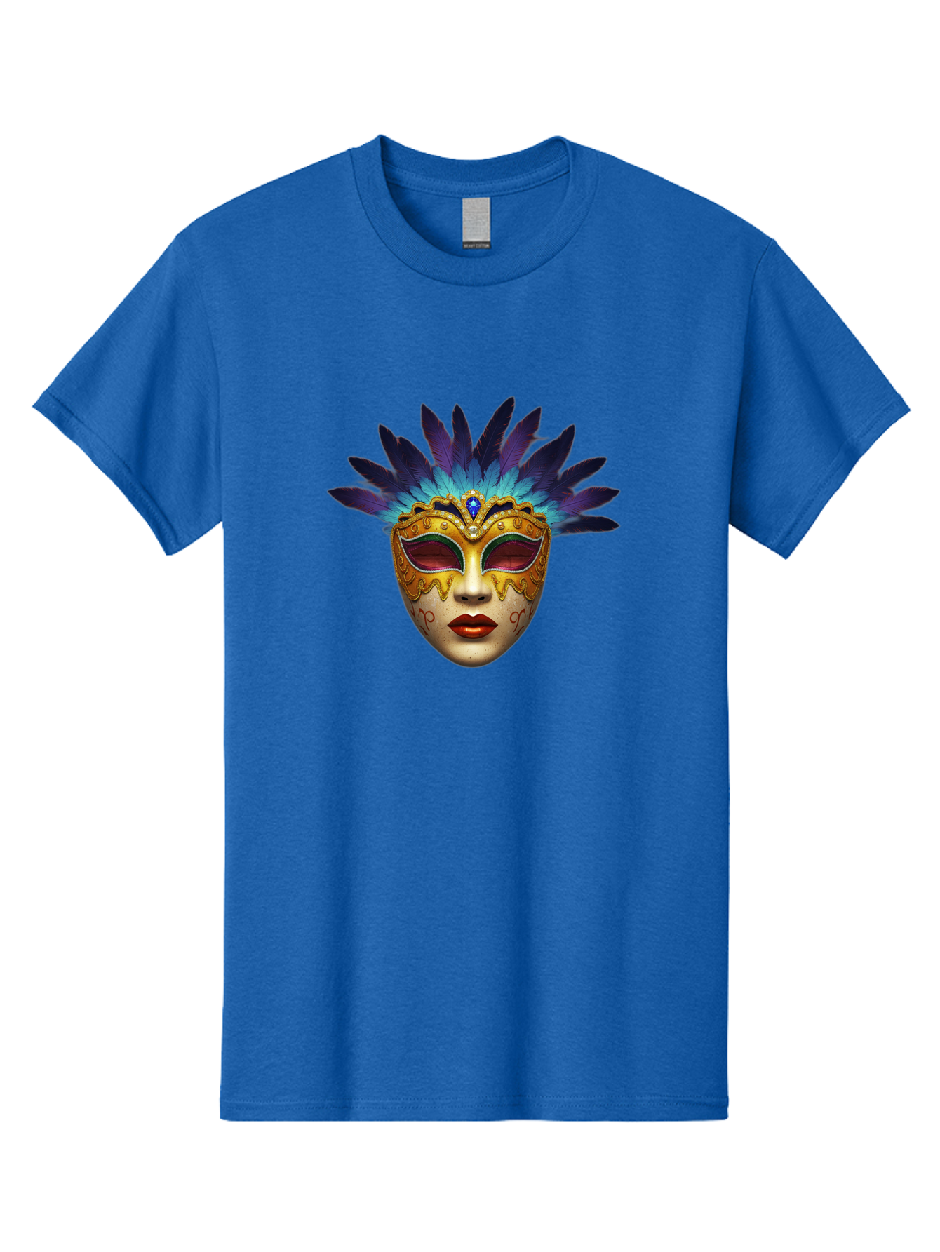 Venetian-Mask-4 Men'S Graphic Tee, 100% Cotton, Comfortable Casual Summer Wear, Machine Washable, Golden Venetian Mask, Mask With Feathers, Purple And Blue Feathers, Golden Decoration, Red Lips, Carnival Mask, Masquerade Ball, Mysterious Mask Bad891