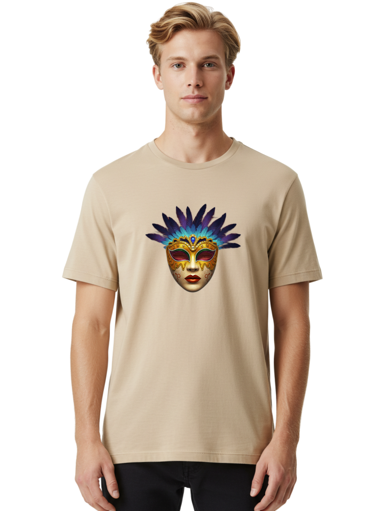 Venetian-Mask-4 Men'S Graphic Tee, 100% Cotton, Comfortable Casual Summer Wear, Machine Washable, Golden Venetian Mask, Mask With Feathers, Purple And Blue Feathers, Golden Decoration, Red Lips, Carnival Mask, Masquerade Ball, Mysterious Mask Bad891