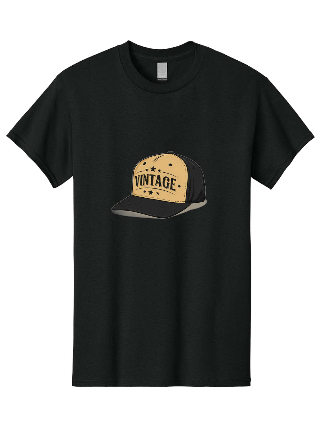Vintage-Baseball-Cap Men'S Graphic Tee, 100% Cotton, Comfortable Casual Summer Wear, Machine Washable, Vintage Baseball Cap, Black And Beige Cap, Casual Wear, Fashion Accessory, Retro Style, Black Stars, Trendy Apparel, Streetwear, Bad894