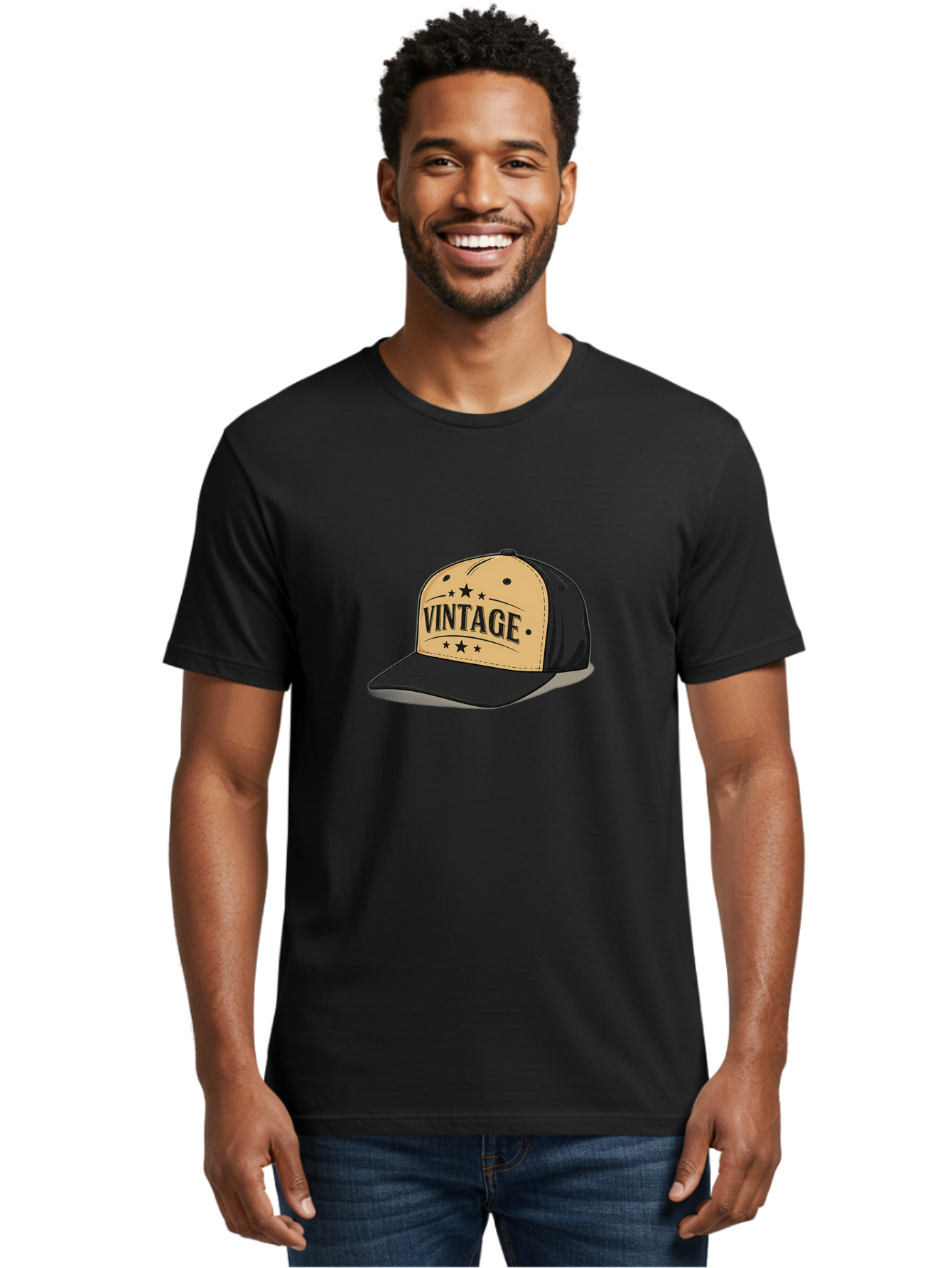Vintage-Baseball-Cap Men'S Graphic Tee, 100% Cotton, Comfortable Casual Summer Wear, Machine Washable, Vintage Baseball Cap, Black And Beige Cap, Casual Wear, Fashion Accessory, Retro Style, Black Stars, Trendy Apparel, Streetwear, Bad894