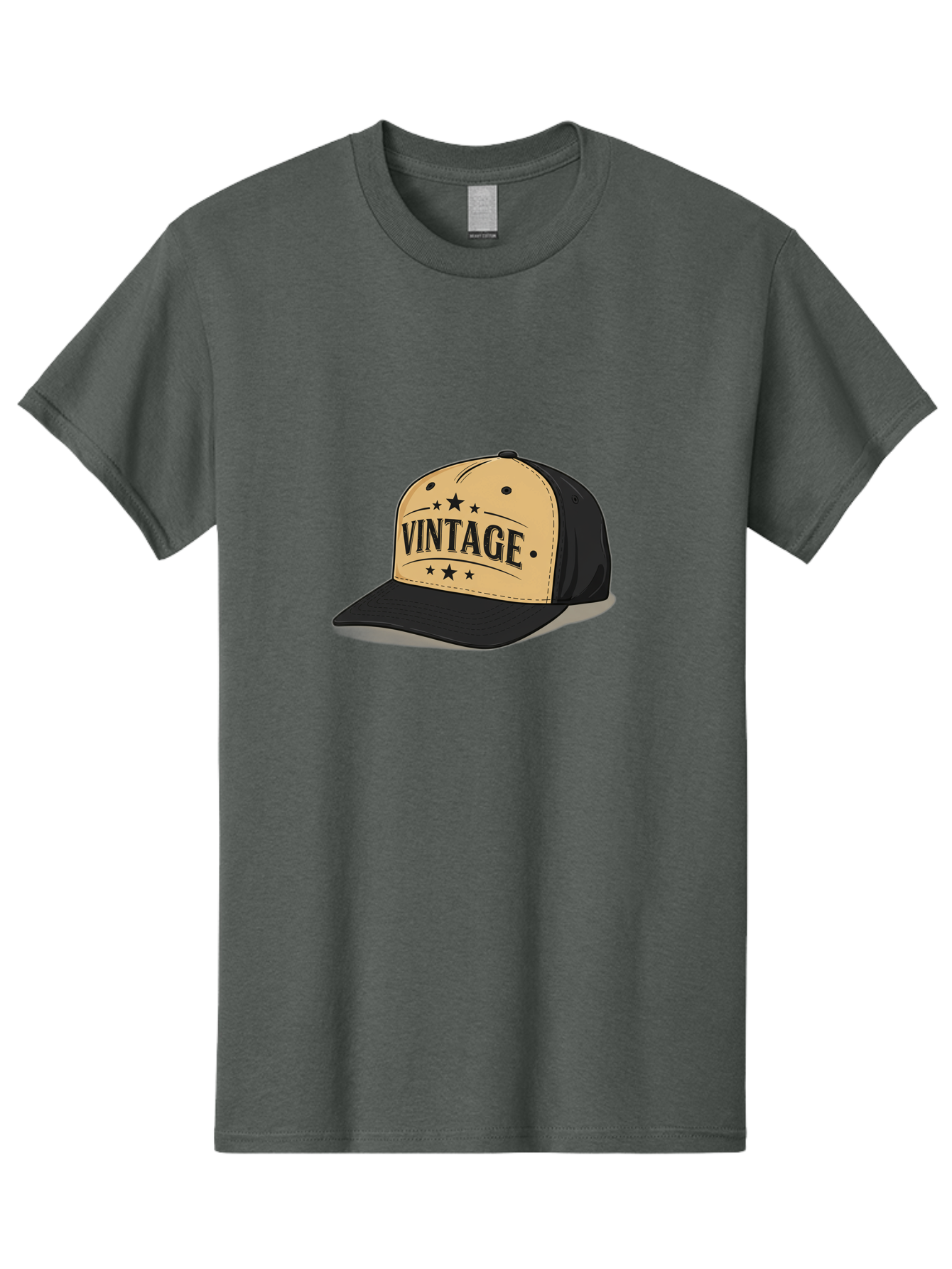 Vintage-Baseball-Cap Men'S Graphic Tee, 100% Cotton, Comfortable Casual Summer Wear, Machine Washable, Vintage Baseball Cap, Black And Beige Cap, Casual Wear, Fashion Accessory, Retro Style, Black Stars, Trendy Apparel, Streetwear, Bad894