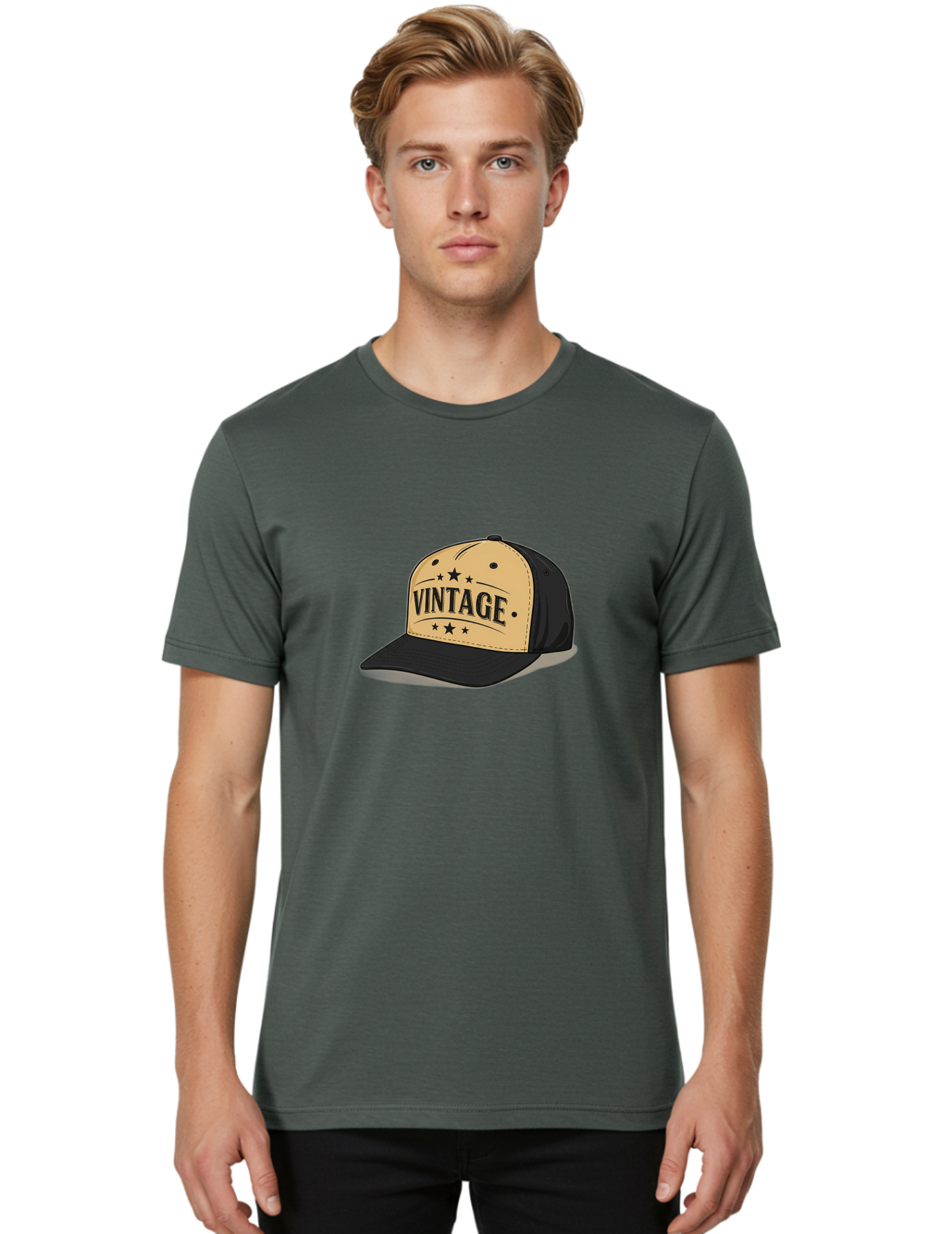Vintage-Baseball-Cap Men'S Graphic Tee, 100% Cotton, Comfortable Casual Summer Wear, Machine Washable, Vintage Baseball Cap, Black And Beige Cap, Casual Wear, Fashion Accessory, Retro Style, Black Stars, Trendy Apparel, Streetwear, Bad894