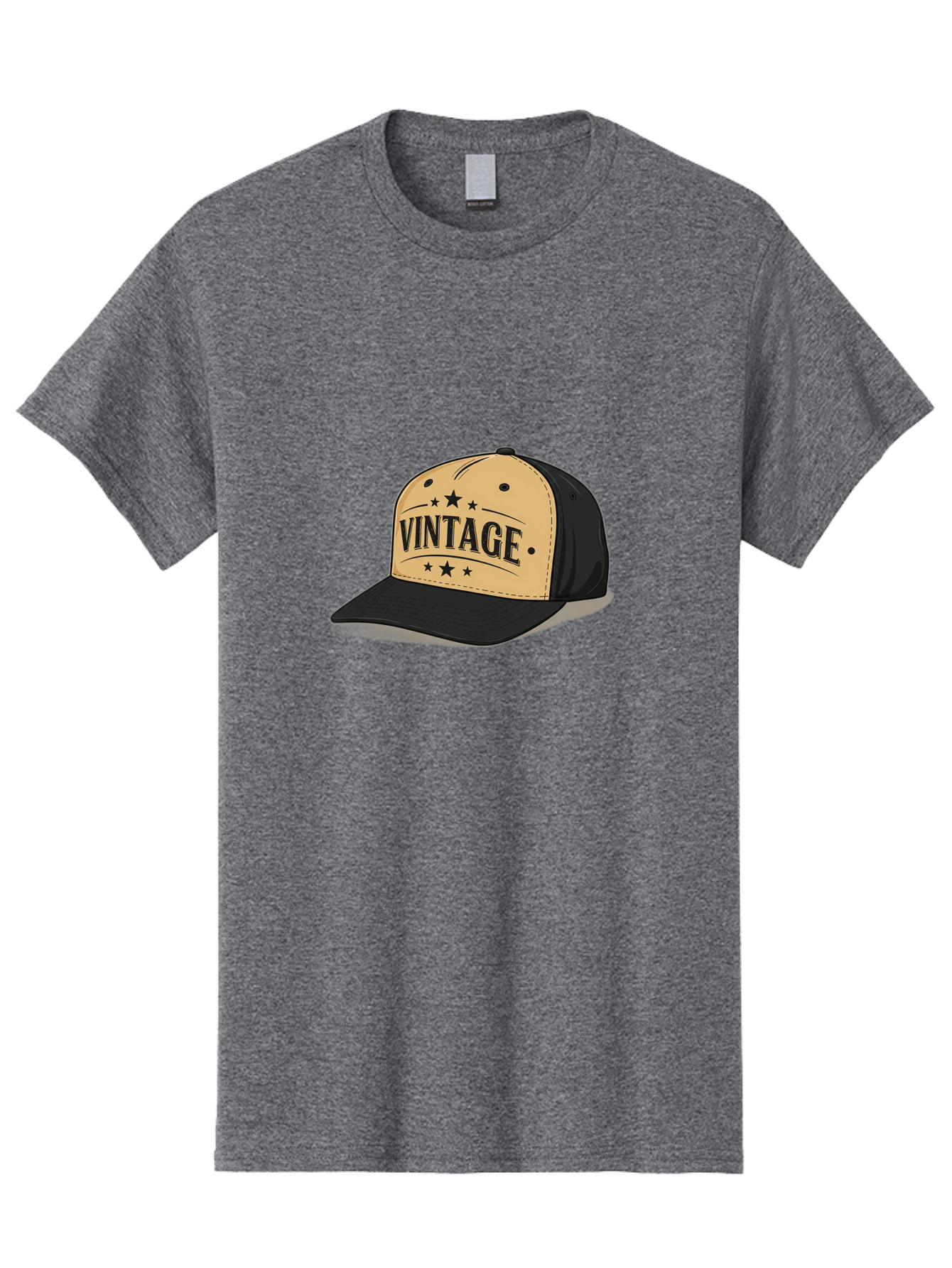 Vintage-Baseball-Cap Men'S Graphic Tee, 100% Cotton, Comfortable Casual Summer Wear, Machine Washable, Vintage Baseball Cap, Black And Beige Cap, Casual Wear, Fashion Accessory, Retro Style, Black Stars, Trendy Apparel, Streetwear, Bad894