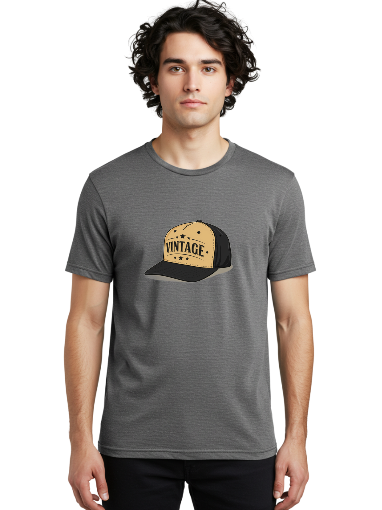 Vintage-Baseball-Cap Men'S Graphic Tee, 100% Cotton, Comfortable Casual Summer Wear, Machine Washable, Vintage Baseball Cap, Black And Beige Cap, Casual Wear, Fashion Accessory, Retro Style, Black Stars, Trendy Apparel, Streetwear, Bad894