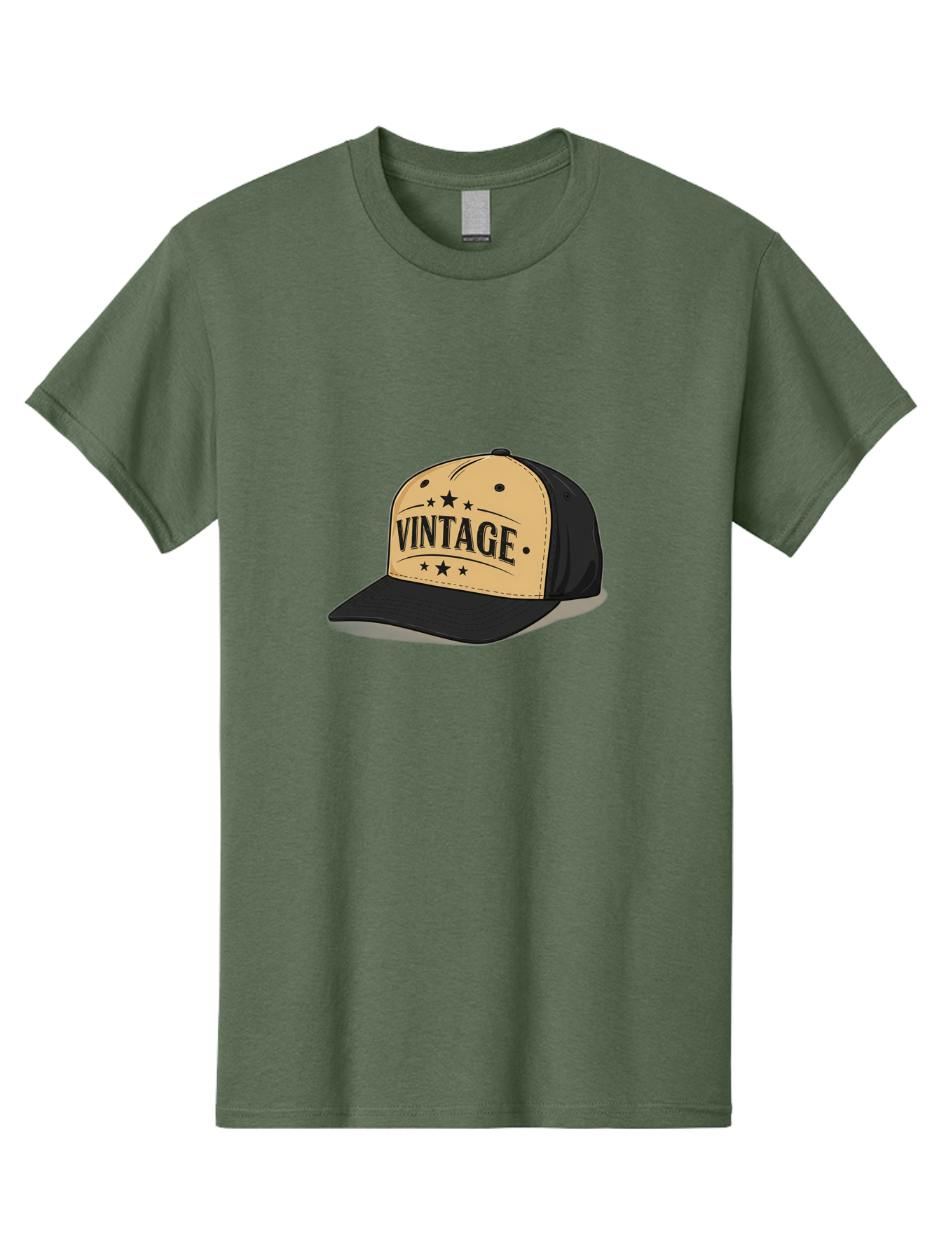 Vintage-Baseball-Cap Men'S Graphic Tee, 100% Cotton, Comfortable Casual Summer Wear, Machine Washable, Vintage Baseball Cap, Black And Beige Cap, Casual Wear, Fashion Accessory, Retro Style, Black Stars, Trendy Apparel, Streetwear, Bad894
