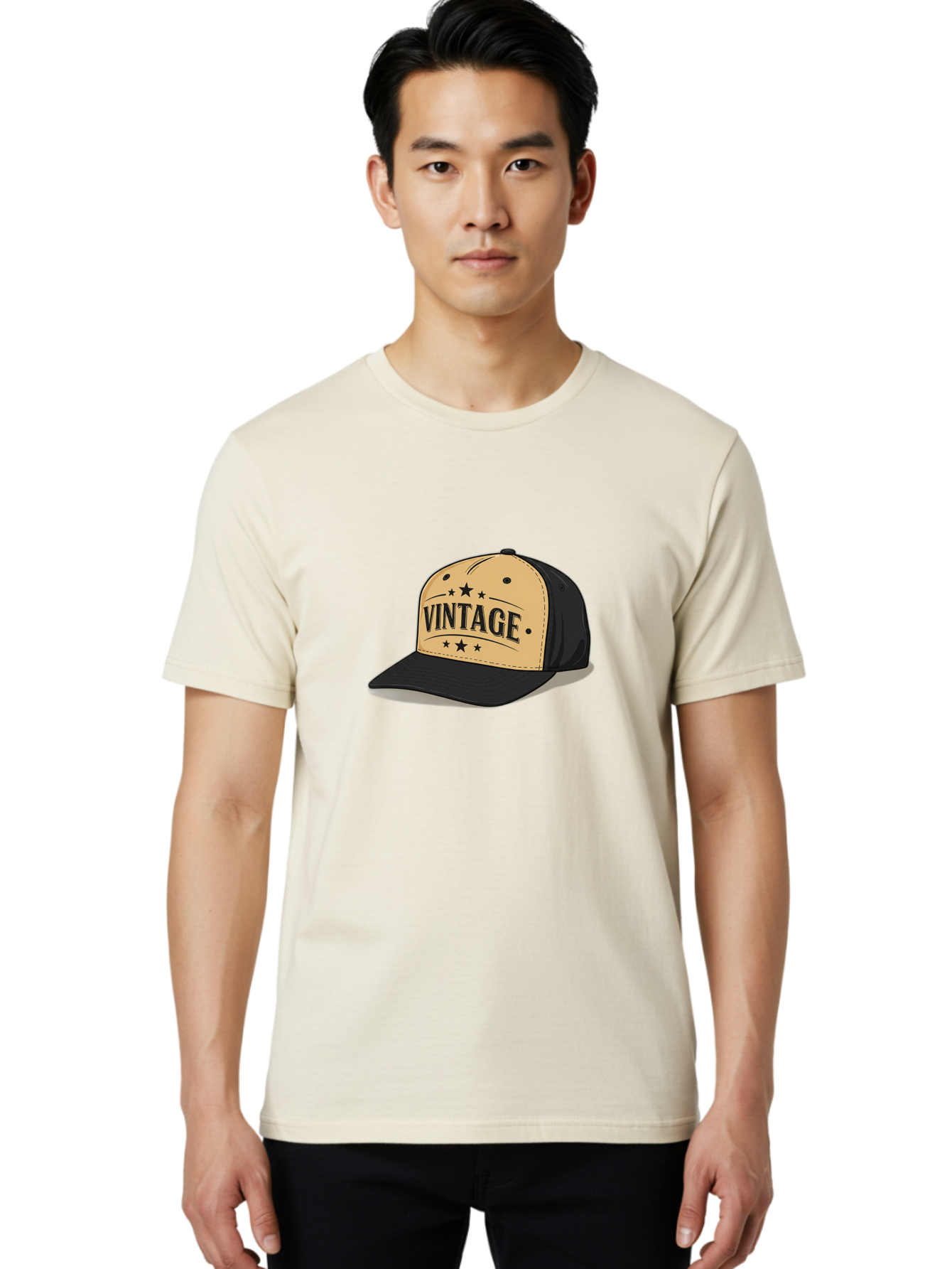 Vintage-Baseball-Cap Men'S Graphic Tee, 100% Cotton, Comfortable Casual Summer Wear, Machine Washable, Vintage Baseball Cap, Black And Beige Cap, Casual Wear, Fashion Accessory, Retro Style, Black Stars, Trendy Apparel, Streetwear, Bad894