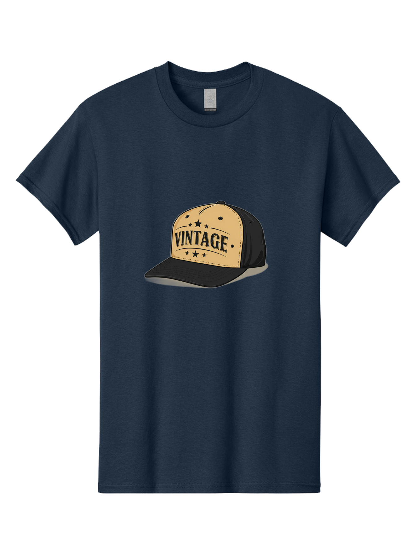 Vintage-Baseball-Cap Men'S Graphic Tee, 100% Cotton, Comfortable Casual Summer Wear, Machine Washable, Vintage Baseball Cap, Black And Beige Cap, Casual Wear, Fashion Accessory, Retro Style, Black Stars, Trendy Apparel, Streetwear, Bad894
