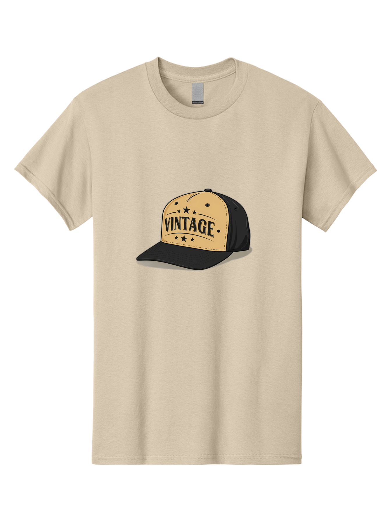 Vintage-Baseball-Cap Men'S Graphic Tee, 100% Cotton, Comfortable Casual Summer Wear, Machine Washable, Vintage Baseball Cap, Black And Beige Cap, Casual Wear, Fashion Accessory, Retro Style, Black Stars, Trendy Apparel, Streetwear, Bad894