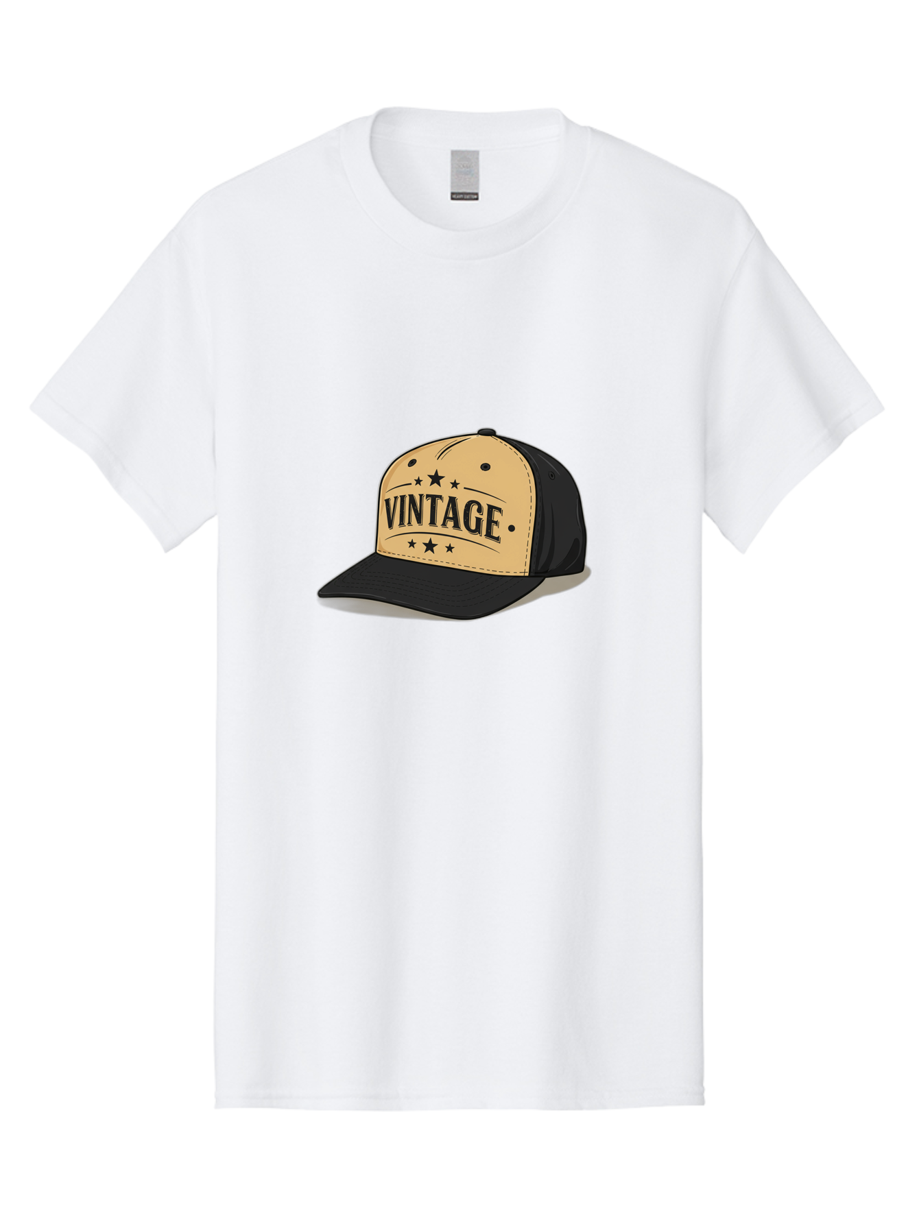 Vintage-Baseball-Cap Men'S Graphic Tee, 100% Cotton, Comfortable Casual Summer Wear, Machine Washable, Vintage Baseball Cap, Black And Beige Cap, Casual Wear, Fashion Accessory, Retro Style, Black Stars, Trendy Apparel, Streetwear, Bad894