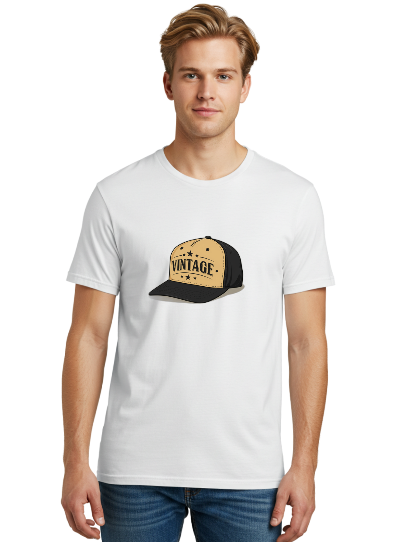 Vintage-Baseball-Cap Men'S Graphic Tee, 100% Cotton, Comfortable Casual Summer Wear, Machine Washable, Vintage Baseball Cap, Black And Beige Cap, Casual Wear, Fashion Accessory, Retro Style, Black Stars, Trendy Apparel, Streetwear, Bad894