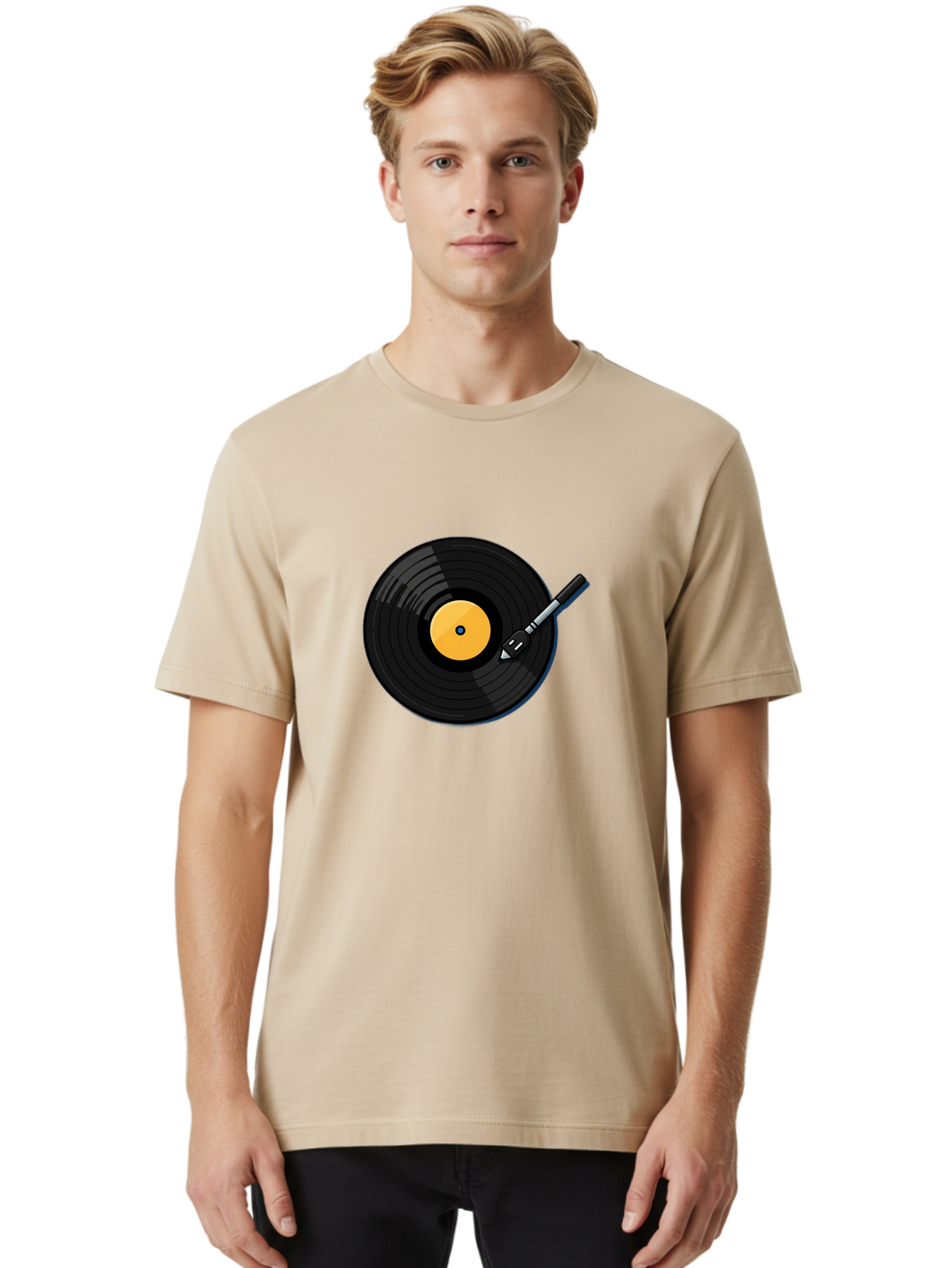 Vinyl-Record-2 Men'S Graphic Tee, 100% Cotton, Comfortable Casual Summer Wear, Machine Washable, Vinyl Record Player, Black Vinyl, Yellow Label, Spinning Records, Music Nostalgia, Retro Audio, Dj Equipment, Vinyl Culture Bad897