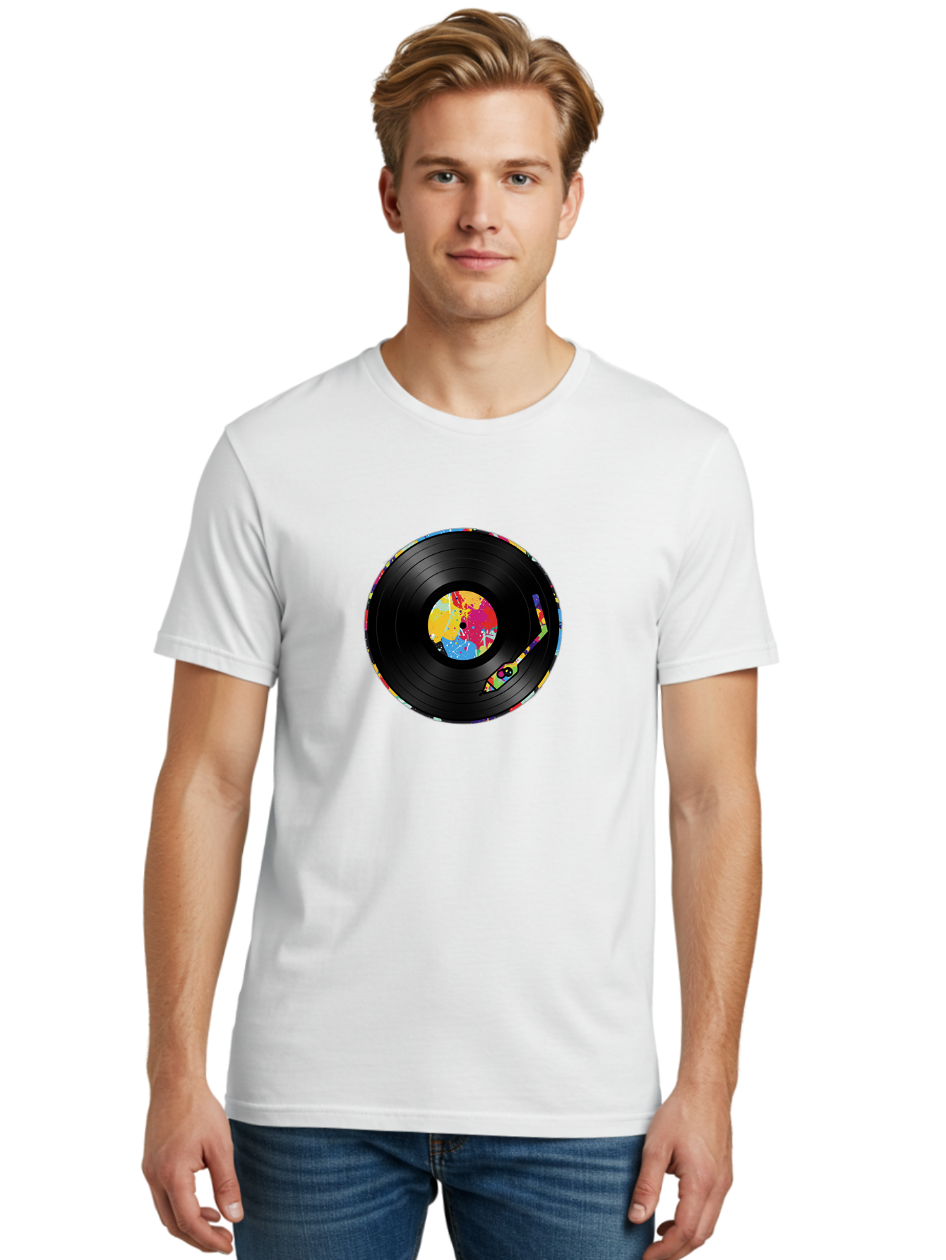Vinyl-Record-3 Men'S Graphic Tee, 100% Cotton, Comfortable Casual Summer Wear, Machine Washable, Vinyl Record, Colorful Label, Music Art, Paint Splatter Design, Album Cover, Music Lover, Retro Vibe, Record Collector Bad898