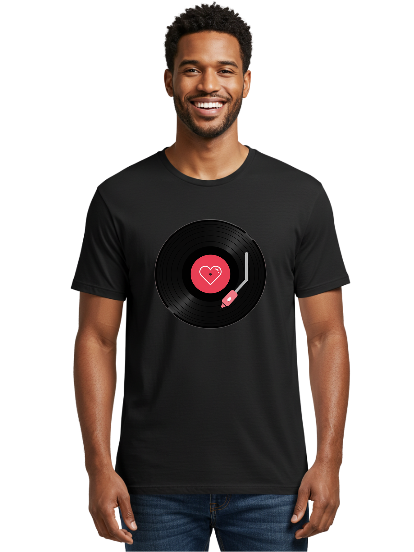 Vinyl-Record-With-Heart Men'S Graphic Tee, 100% Cotton, Comfortable Casual Summer Wear, Machine Washable, Vinyl Record, Heart Icon, Music Love, Record Player, Nostalgic Feel, Music Nostalgia, Retro Vibe, Heart Symbol, Love Music Bad904