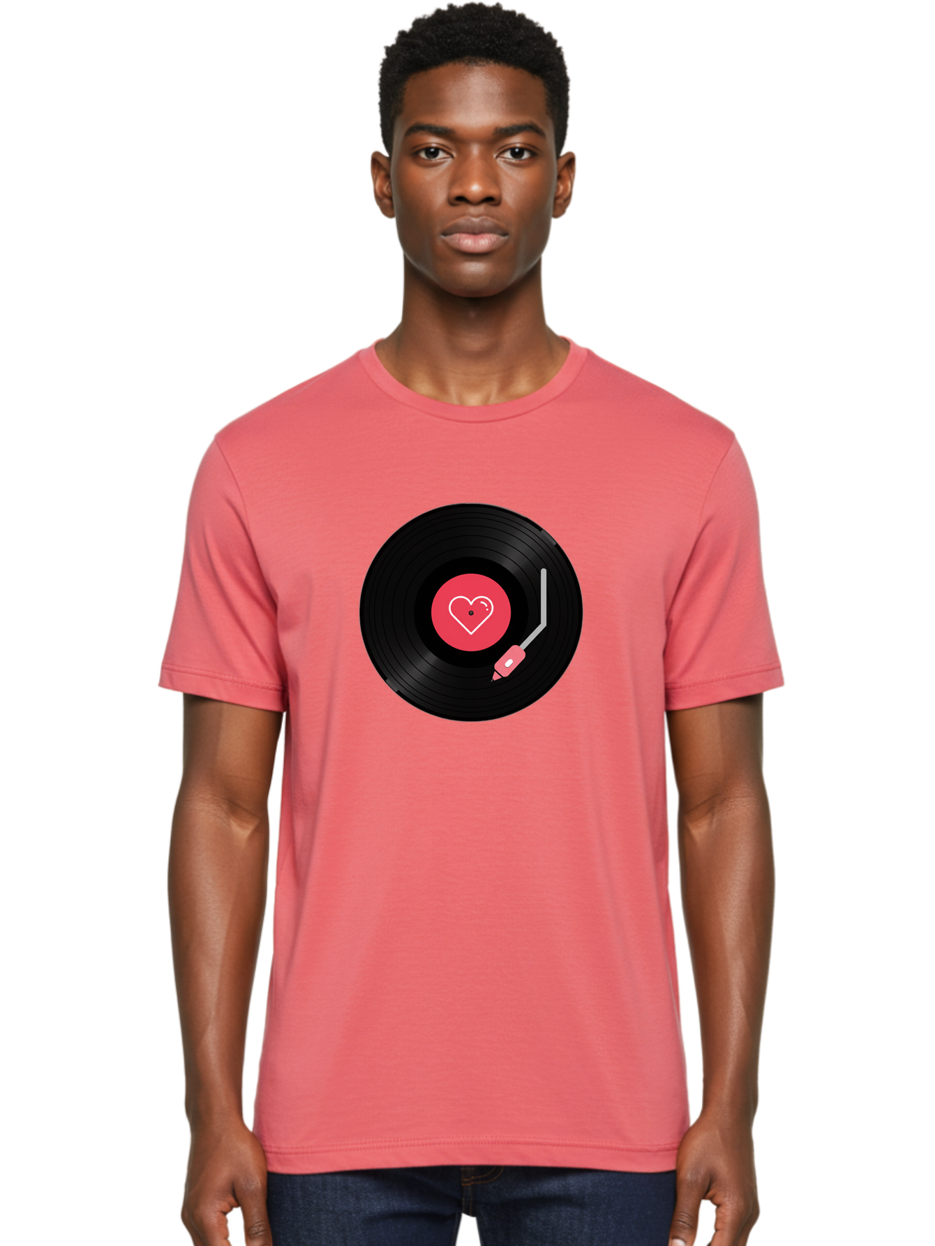 Vinyl-Record-With-Heart Men'S Graphic Tee, 100% Cotton, Comfortable Casual Summer Wear, Machine Washable, Vinyl Record, Heart Icon, Music Love, Record Player, Nostalgic Feel, Music Nostalgia, Retro Vibe, Heart Symbol, Love Music Bad904