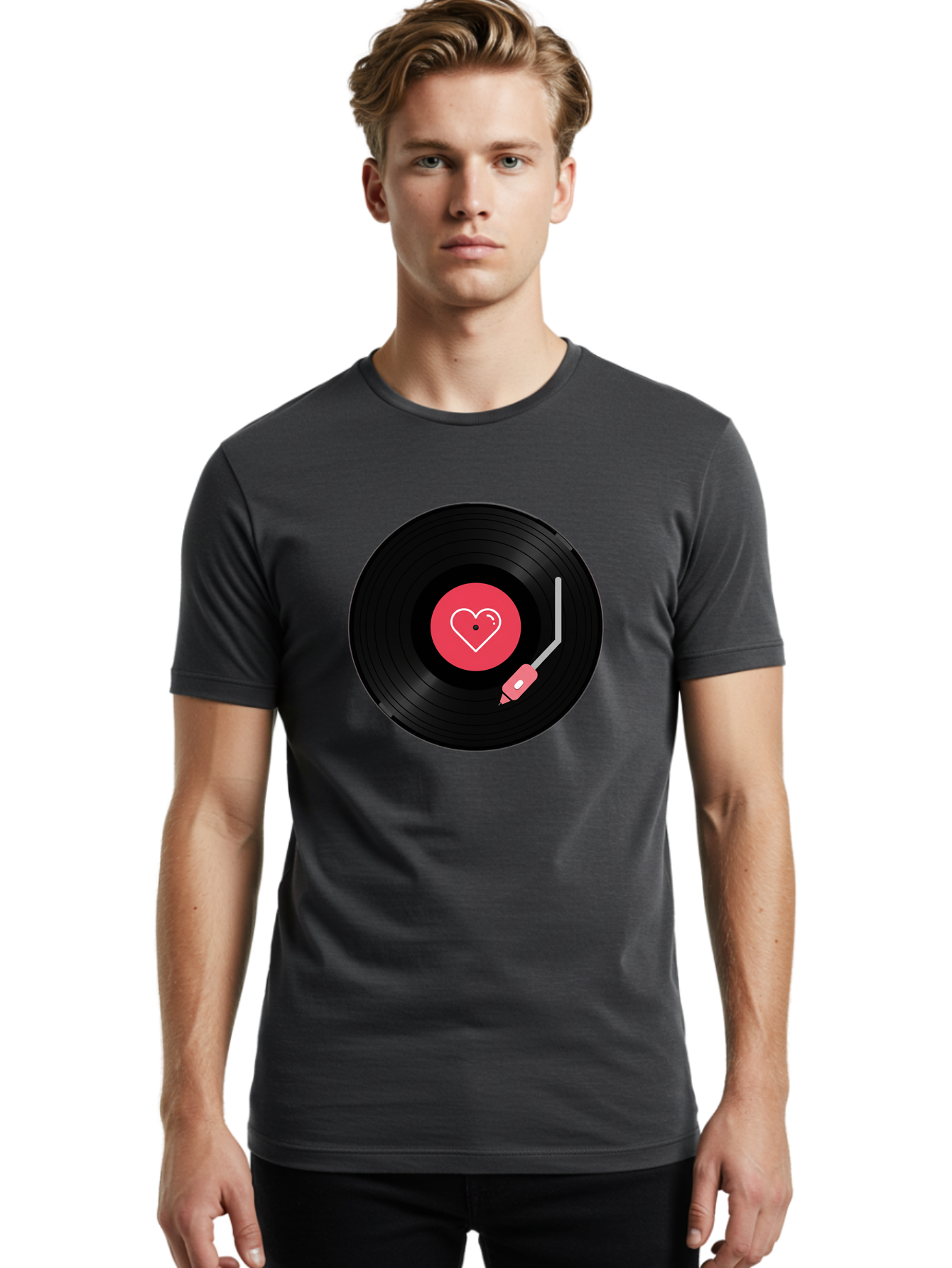 Vinyl-Record-With-Heart Men'S Graphic Tee, 100% Cotton, Comfortable Casual Summer Wear, Machine Washable, Vinyl Record, Heart Icon, Music Love, Record Player, Nostalgic Feel, Music Nostalgia, Retro Vibe, Heart Symbol, Love Music Bad904