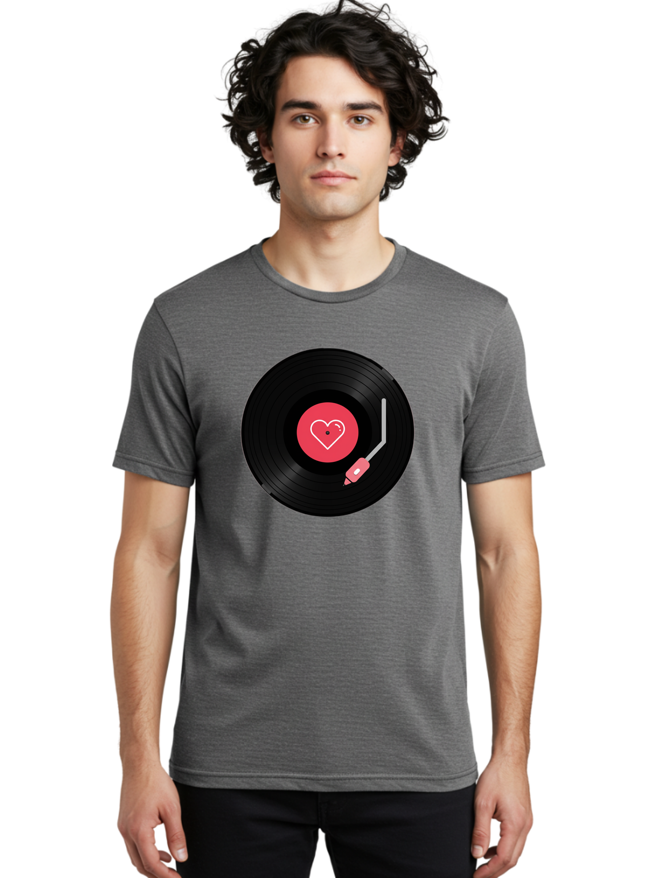 Vinyl-Record-With-Heart Men'S Graphic Tee, 100% Cotton, Comfortable Casual Summer Wear, Machine Washable, Vinyl Record, Heart Icon, Music Love, Record Player, Nostalgic Feel, Music Nostalgia, Retro Vibe, Heart Symbol, Love Music Bad904