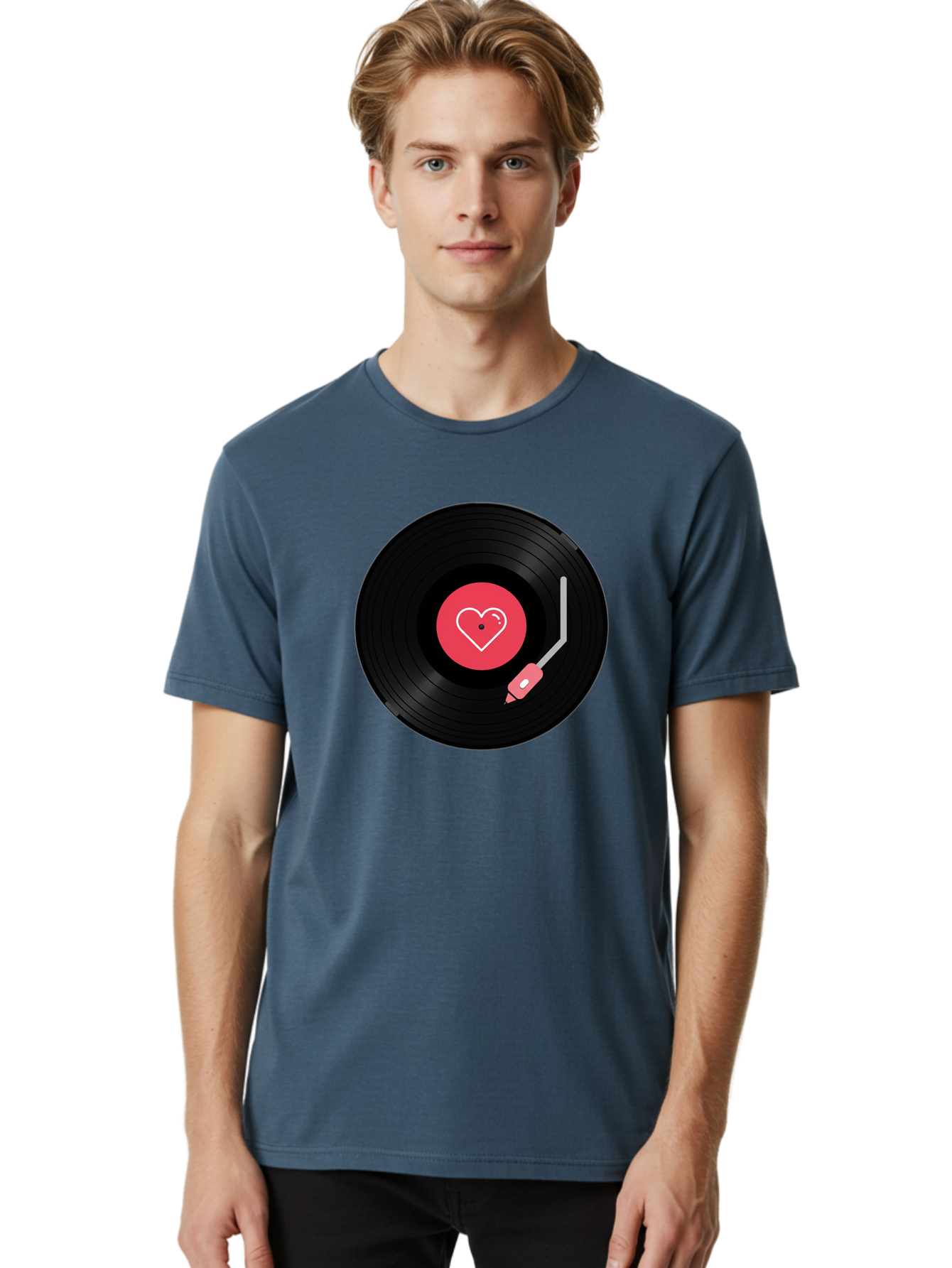 Vinyl-Record-With-Heart Men'S Graphic Tee, 100% Cotton, Comfortable Casual Summer Wear, Machine Washable, Vinyl Record, Heart Icon, Music Love, Record Player, Nostalgic Feel, Music Nostalgia, Retro Vibe, Heart Symbol, Love Music Bad904