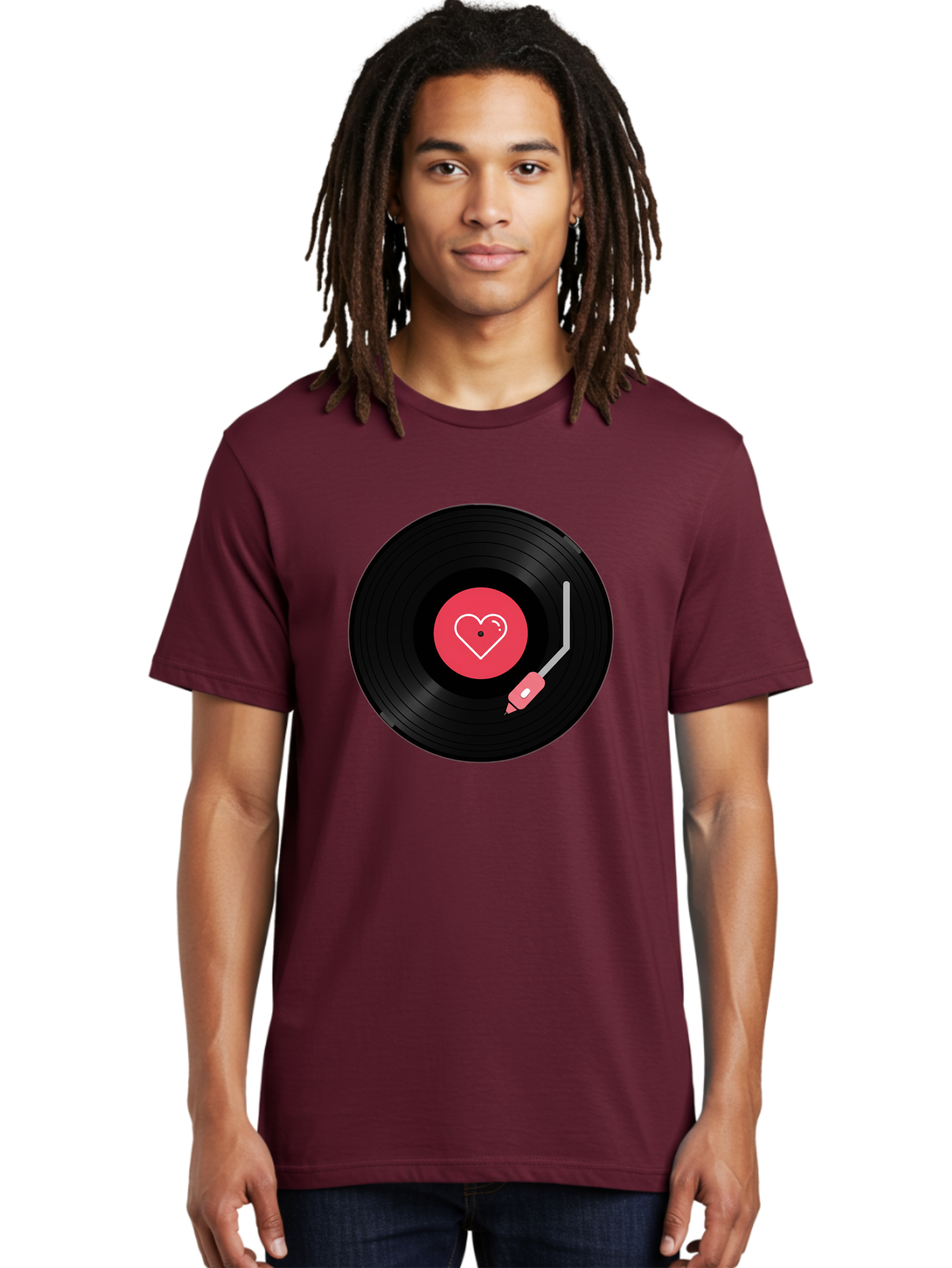 Vinyl-Record-With-Heart Men'S Graphic Tee, 100% Cotton, Comfortable Casual Summer Wear, Machine Washable, Vinyl Record, Heart Icon, Music Love, Record Player, Nostalgic Feel, Music Nostalgia, Retro Vibe, Heart Symbol, Love Music Bad904
