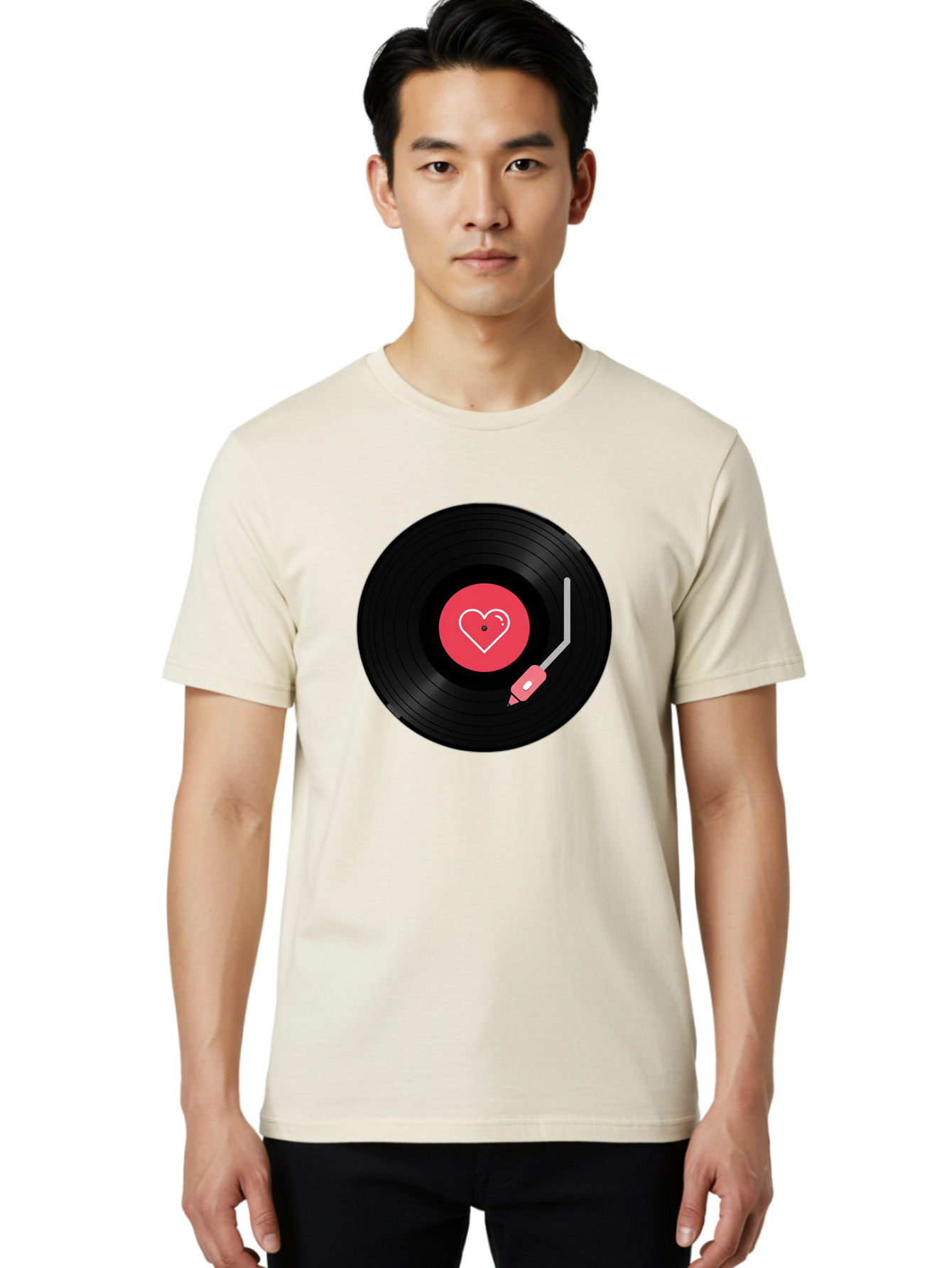 Vinyl-Record-With-Heart Men'S Graphic Tee, 100% Cotton, Comfortable Casual Summer Wear, Machine Washable, Vinyl Record, Heart Icon, Music Love, Record Player, Nostalgic Feel, Music Nostalgia, Retro Vibe, Heart Symbol, Love Music Bad904