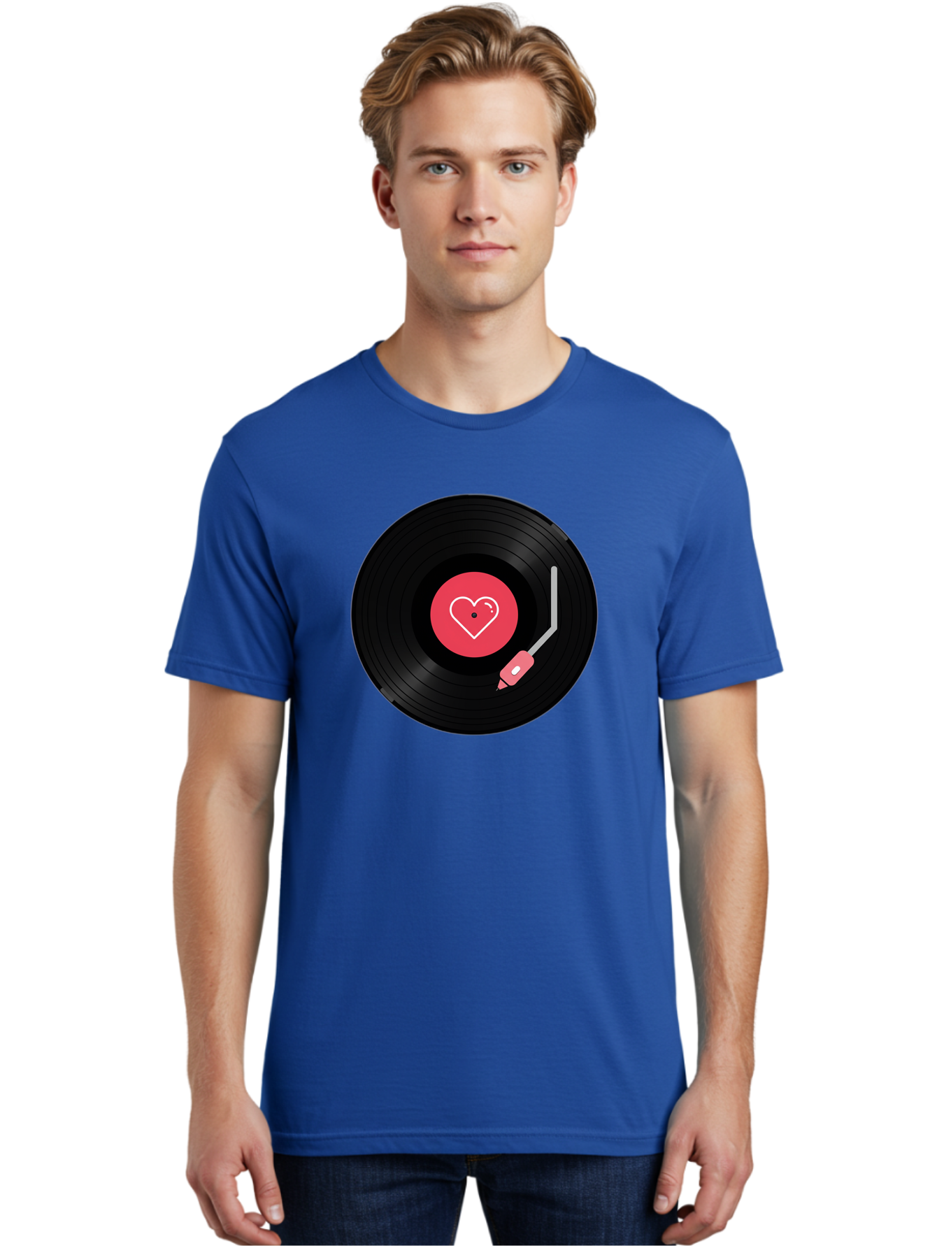 Vinyl-Record-With-Heart Men'S Graphic Tee, 100% Cotton, Comfortable Casual Summer Wear, Machine Washable, Vinyl Record, Heart Icon, Music Love, Record Player, Nostalgic Feel, Music Nostalgia, Retro Vibe, Heart Symbol, Love Music Bad904