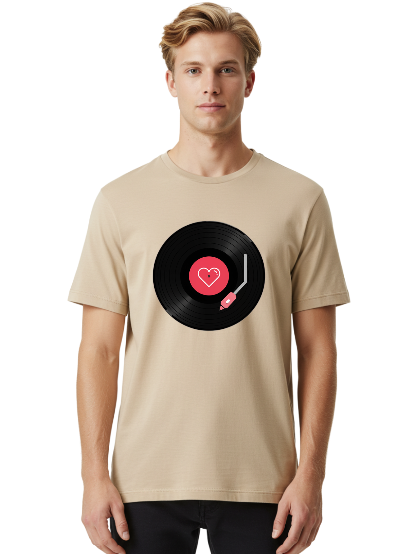 Vinyl-Record-With-Heart Men'S Graphic Tee, 100% Cotton, Comfortable Casual Summer Wear, Machine Washable, Vinyl Record, Heart Icon, Music Love, Record Player, Nostalgic Feel, Music Nostalgia, Retro Vibe, Heart Symbol, Love Music Bad904