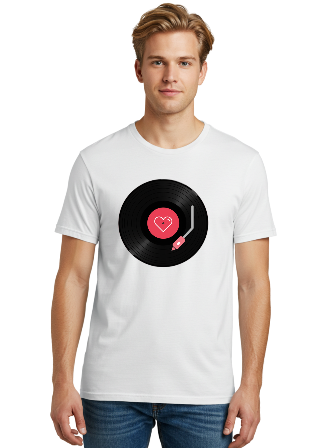 Vinyl-Record-With-Heart Men'S Graphic Tee, 100% Cotton, Comfortable Casual Summer Wear, Machine Washable, Vinyl Record, Heart Icon, Music Love, Record Player, Nostalgic Feel, Music Nostalgia, Retro Vibe, Heart Symbol, Love Music Bad904