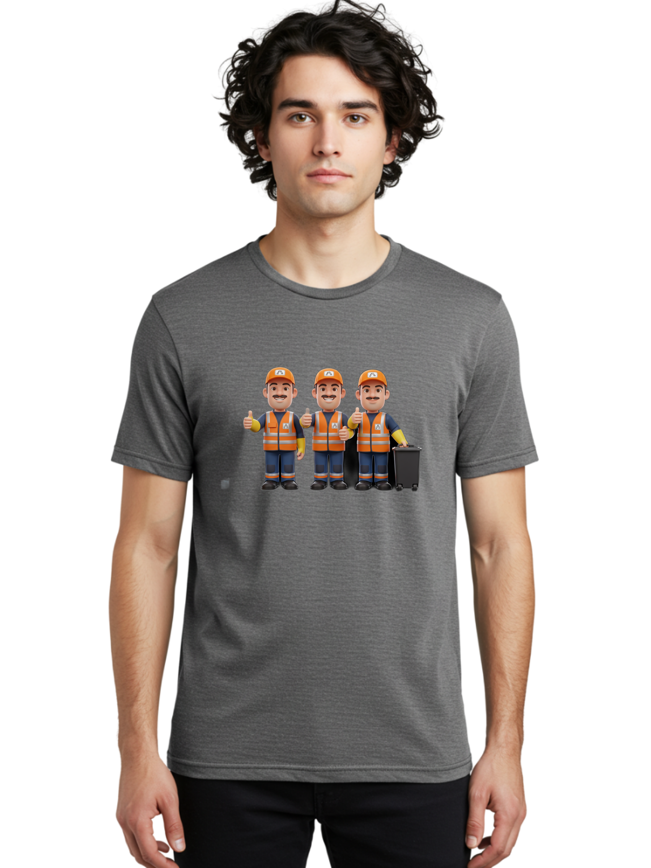 Waste-Management-Workers Men'S Graphic Tee, 100% Cotton, Comfortable Casual Summer Wear, Machine Washable, 3D Illustration, Waste Management Workers, Thumbs Up, Orange Safety Vests, Black Trash Bin, Customer Satisfaction, Bad908