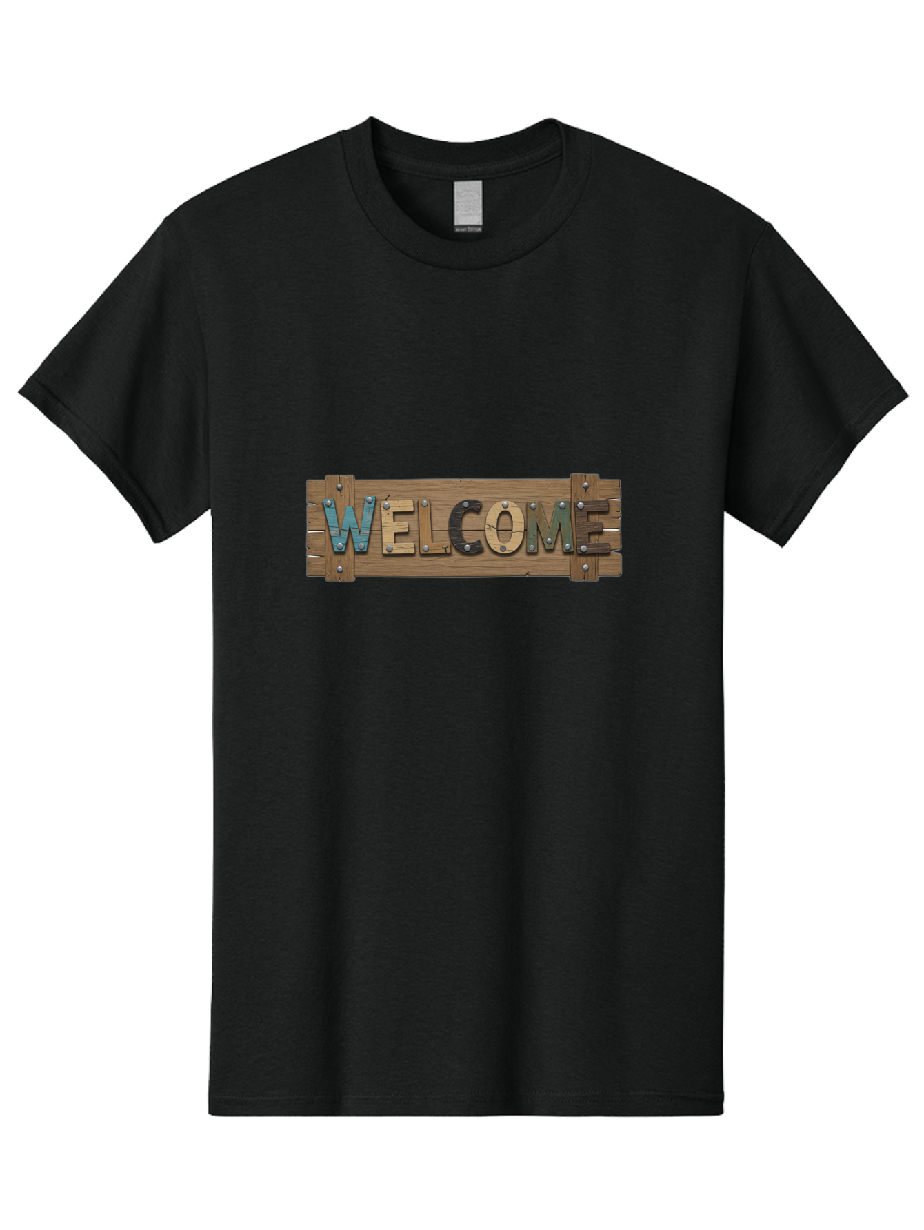 Welcome Men'S Graphic Tee, 100% Cotton, Comfortable Casual Summer Wear, Machine Washable, Wooden Welcome Sign, Rustic Design, Colorful Letters, Metal Rivets, Vintage Feel, Country Charm, Wooden Texture, Greeting Sign Bad910