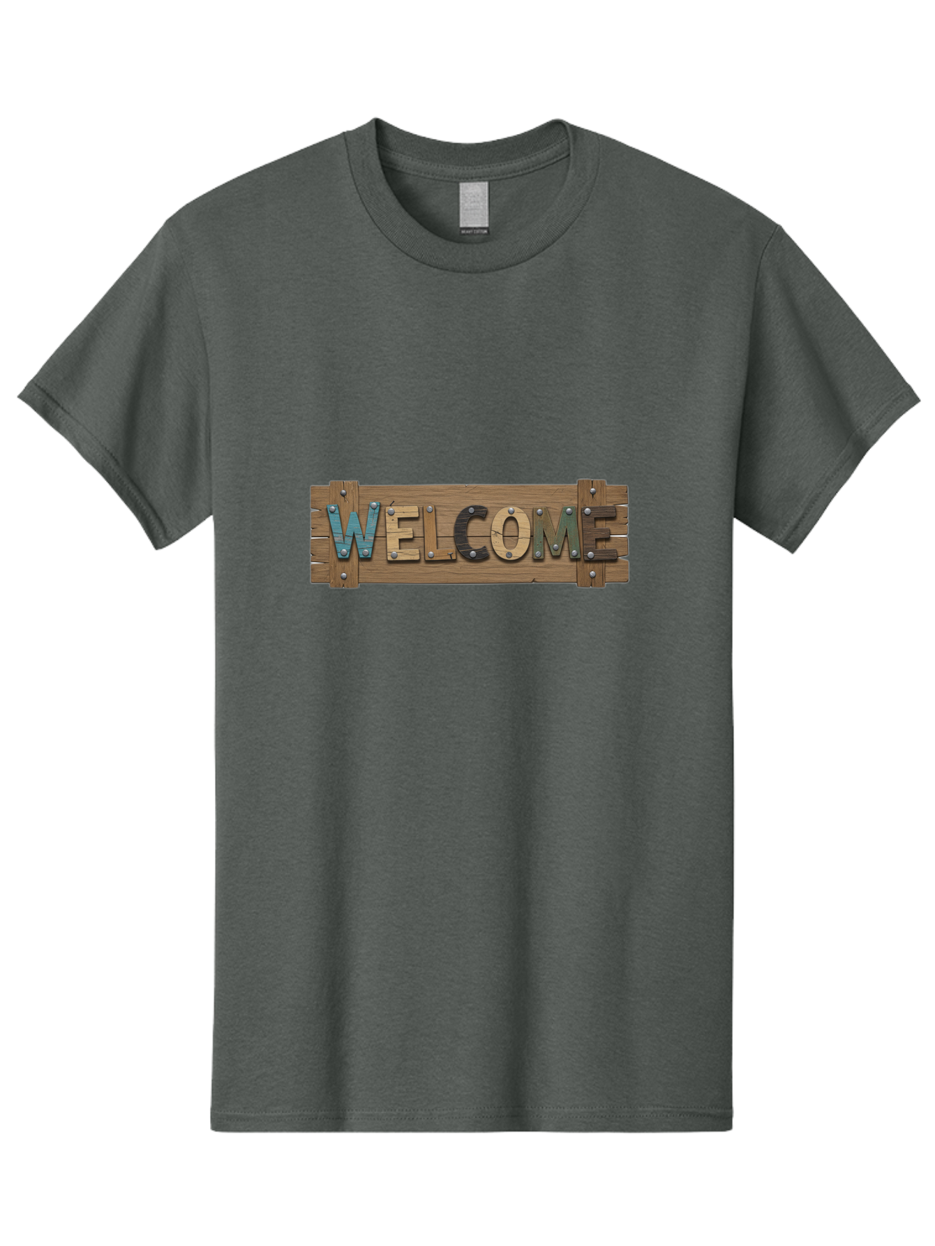 Welcome Men'S Graphic Tee, 100% Cotton, Comfortable Casual Summer Wear, Machine Washable, Wooden Welcome Sign, Rustic Design, Colorful Letters, Metal Rivets, Vintage Feel, Country Charm, Wooden Texture, Greeting Sign Bad910