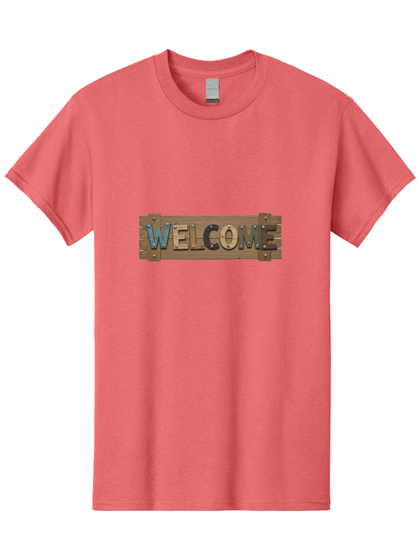 Welcome Men'S Graphic Tee, 100% Cotton, Comfortable Casual Summer Wear, Machine Washable, Wooden Welcome Sign, Rustic Design, Colorful Letters, Metal Rivets, Vintage Feel, Country Charm, Wooden Texture, Greeting Sign Bad910